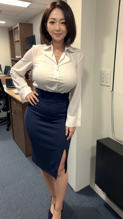 High resolution, high resolution, Attention to detail, masterpiece, Rough skin, Anatomically correct, sharp,
In the company office、((Full body shot 0.85))、Facing forward、
((japanese milf, 50 years old)), alone, ((Facial wrinkles)), Shapely large breasts, Medium Hair, Chubby body type,
,White blouse with collar, Navy blue tight skirt、landscape,A gentle smile、A gaze that seduces viewers、