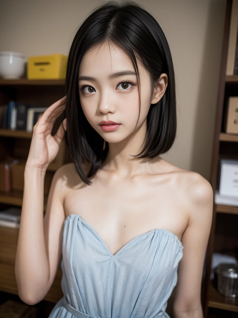 
(masterpiece, highest quality:1.4), Award-winning portraits, 8K, 85mm, alone, Beautiful Face, Delicate girl, Biolaces, Gardenia, grace, Sophisticated, cute, Teen, Watching the audience, 15 years old, Raw photo, Disorganized, HDR, Sharp focus, Background bokeh、(((Flat 、thin and delicate body、A childish atmosphere、basement、naked)))、Glossy short bob、Mole on the left cheek、large, round, dark blue eyes、Full Body、Random pose、Junior idol、Nogizaka Idol、Mole under the eye、sexy