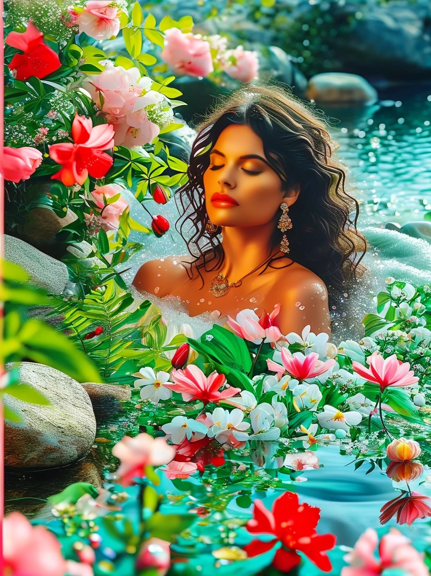 Detailed description of the visual element,The color palette is a mix of soft pastels and vibrant spring colors like green.,pink color,This combination evokes blooming flowers and fresh foliage.,Spring Theme,High-quality images integrated into salon interiors,Peaceful environment,Girl standing on the water,Water splashing on girl's body,(whole body:1.5),Some stones have flowers on them,exudes fragrance,Includes before and after photos of customers who received spring makeovers,To highlight the salon's services,Use elegant script fonts for titles to convey elegance,And use a modern sans serif font for body text,To ensure readability and modernity, Dark Brown Curly Hair,Wearing a bright red salwar suit,focus,Close Range,Watch,Close your eyes,Surround her with spring graphics,For example, flowers and butterflies,Symbolizes the changing seasons and the essence