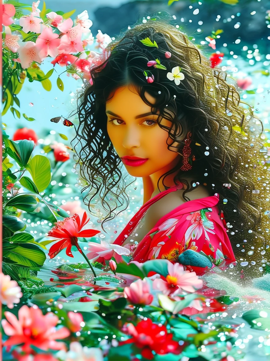 Detailed description of the visual element，The color palette is a mix of soft pastels and vibrant spring colors like green.，pink color，This combination evokes blooming flowers and fresh foliage.，Spring Theme，High-quality images integrated into salon interiors，Peaceful environment，Girl standing on the water，Water splashing on girl&#39;s body，(whole body:1.5)，Some stones have flowers on them，exudes fragrance，Includes before and after photos of customers who received spring makeovers，To highlight the salon&#39;s services，Use elegant script fonts for titles to convey elegance，And use a modern sans serif font for body text，To ensure readability and modernity， Dark Brown Curly Hair，Wearing a bright red salwar suit，focus，Close Range，Watch，Close your eyes，Surround her with spring graphics，For example, flowers and butterflies，Symbolizes the changing seasons and the essence