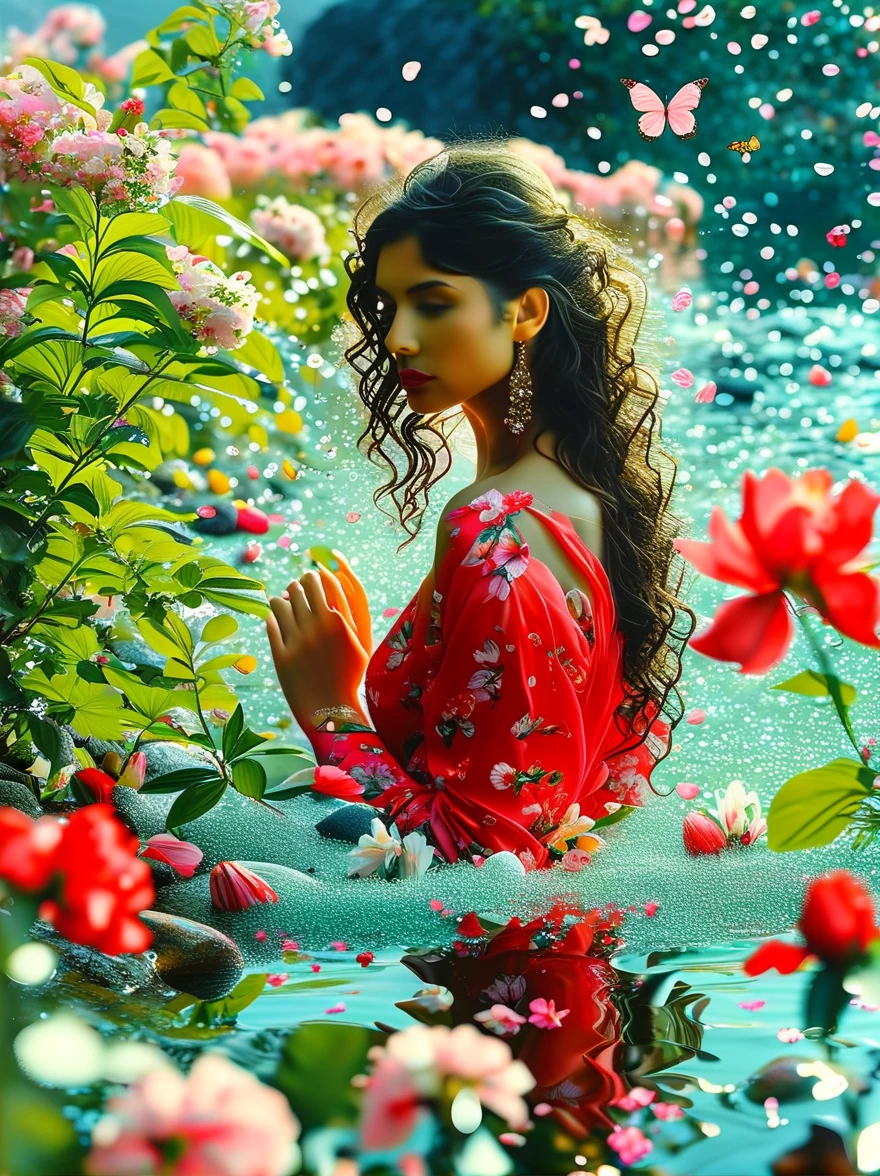 Detailed description of the visual element，The color palette is a mix of soft pastels and vibrant spring colors like green.，pink color，This combination evokes blooming flowers and fresh foliage.，Spring Theme，High-quality images integrated into salon interiors，Peaceful environment，Girl standing on the water，Water splashing on girl&#39;s body，(whole body:1.5)，Some stones have flowers on them，exudes fragrance，Includes before and after photos of customers who received spring makeovers，To highlight the salon&#39;s services，Use elegant script fonts for titles to convey elegance，And use a modern sans serif font for body text，To ensure readability and modernity， Dark Brown Curly Hair，Wearing a bright red salwar suit，focus，Close Range，Watch，Close your eyes，Surround her with spring graphics，For example, flowers and butterflies，Symbolizes the changing seasons and the essence
