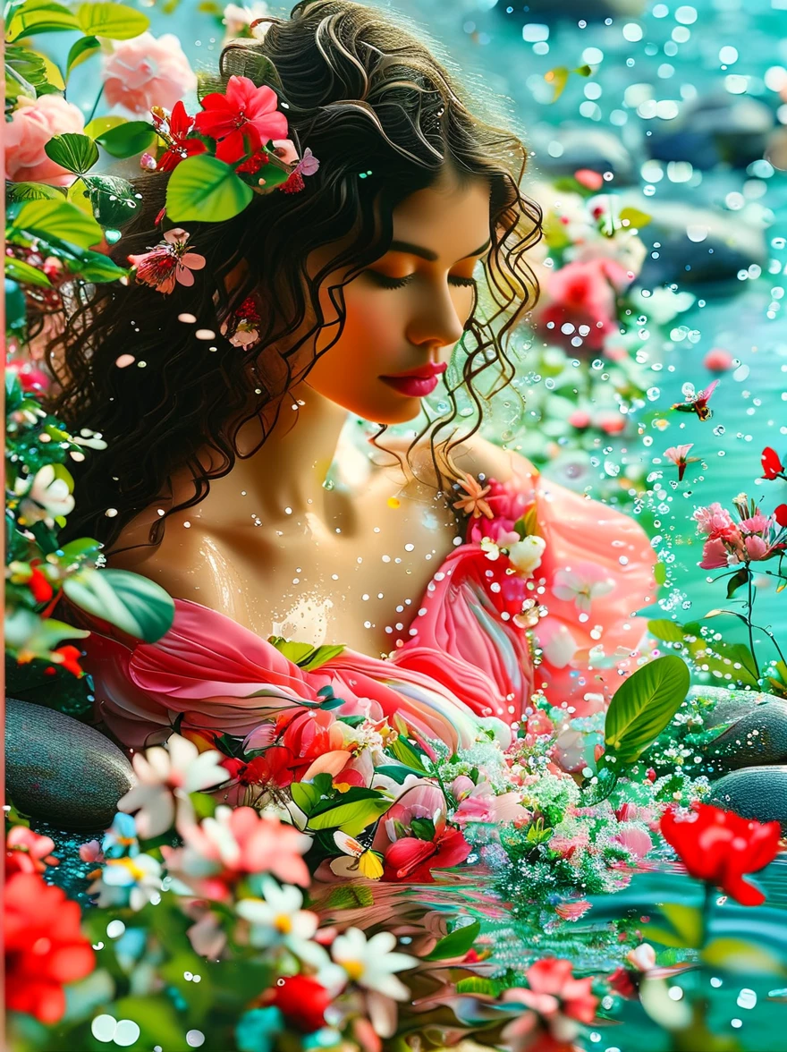 Detailed description of the visual element，The color palette is a mix of soft pastels and vibrant spring colors like green.，pink color，This combination evokes blooming flowers and fresh foliage.，Spring Theme，High-quality images integrated into salon interiors，Peaceful environment，Girl standing on the water，Water splashing on girl&#39;s body，(whole body:1.5)，Some stones have flowers on them，exudes fragrance，Includes before and after photos of customers who received spring makeovers，To highlight the salon&#39;s services，Use elegant script fonts for titles to convey elegance，And use a modern sans serif font for body text，To ensure readability and modernity， Dark Brown Curly Hair，Wearing a bright red salwar suit，focus，Close Range，Watch，Close your eyes，Surround her with spring graphics，For example, flowers and butterflies，Symbolizes the changing seasons and the essence