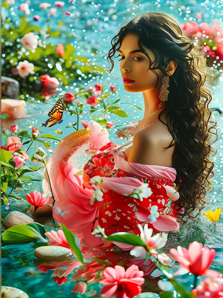 Detailed description of the visual element,The color palette is a mix of soft pastels and vibrant spring colors like green.,pink color,This combination evokes blooming flowers and fresh foliage.,Spring Theme,High-quality images integrated into salon interiors,Peaceful environment,Girl standing on the water,Water splashing on girl's body,(whole body:1.5),Some stones have flowers on them,exudes fragrance,Includes before and after photos of customers who received spring makeovers,To highlight the salon's services,Use elegant script fonts for titles to convey elegance,And use a modern sans serif font for body text,To ensure readability and modernity, Dark Brown Curly Hair,Wearing a bright red salwar suit,focus,Close Range,Watch,Close your eyes,Surround her with spring graphics,For example, flowers and butterflies,Symbolizes the changing seasons and the essence