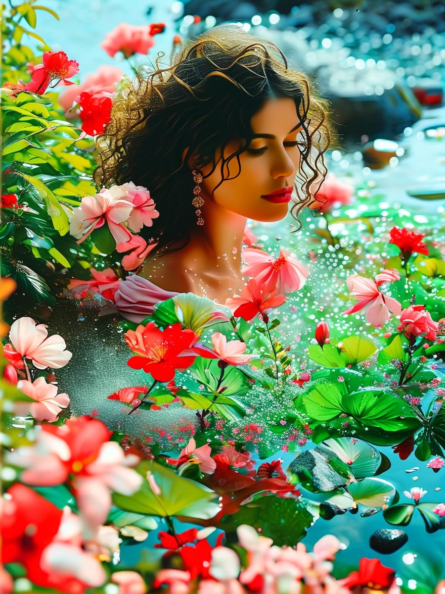 Detailed description of the visual element,The color palette is a mix of soft pastels and vibrant spring colors like green.,pink color,This combination evokes blooming flowers and fresh foliage.,Spring Theme,High-quality images integrated into salon interiors,Peaceful environment,Girl standing on the water,Water splashing on girl's body,(whole body:1.5),Some stones have flowers on them,exudes fragrance,Includes before and after photos of customers who received spring makeovers,To highlight the salon's services,Use elegant script fonts for titles to convey elegance,And use a modern sans serif font for body text,To ensure readability and modernity, Dark Brown Curly Hair,Wearing a bright red salwar suit,focus,Close Range,Watch,Close your eyes,Surround her with spring graphics,For example, flowers and butterflies,Symbolizes the changing seasons and the essence