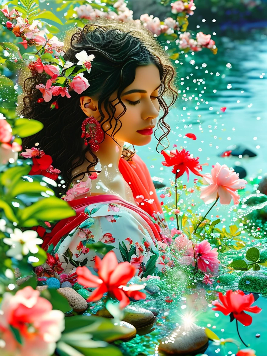 Detailed description of the visual element,The color palette is a mix of soft pastels and vibrant spring colors like green.,pink color,This combination evokes blooming flowers and fresh foliage.,Spring Theme,High-quality images integrated into salon interiors,Peaceful environment,Girl standing on the water,Water splashing on girl's body,(whole body:1.5),Some stones have flowers on them,exudes fragrance,Includes before and after photos of customers who received spring makeovers,To highlight the salon's services,Use elegant script fonts for titles to convey elegance,And use a modern sans serif font for body text,To ensure readability and modernity, Dark Brown Curly Hair,Wearing a bright red salwar suit,focus,Close Range,Watch,Close your eyes,Surround her with spring graphics,For example, flowers and butterflies,Symbolizes the changing seasons and the essence