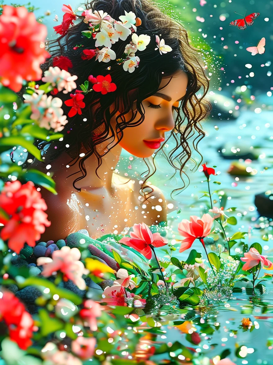Detailed description of the visual element,The color palette is a mix of soft pastels and vibrant spring colors like green.,pink color,This combination evokes blooming flowers and fresh foliage.,Spring Theme,High-quality images integrated into salon interiors,Peaceful environment,Girl standing on the water,Water splashing on girl's body,(whole body:1.5),Some stones have flowers on them,exudes fragrance,Includes before and after photos of customers who received spring makeovers,To highlight the salon's services,Use elegant script fonts for titles to convey elegance,And use a modern sans serif font for body text,To ensure readability and modernity, Dark Brown Curly Hair,Wearing a bright red salwar suit,focus,Close Range,Watch,Close your eyes,Surround her with spring graphics,For example, flowers and butterflies,Symbolizes the changing seasons and the essence