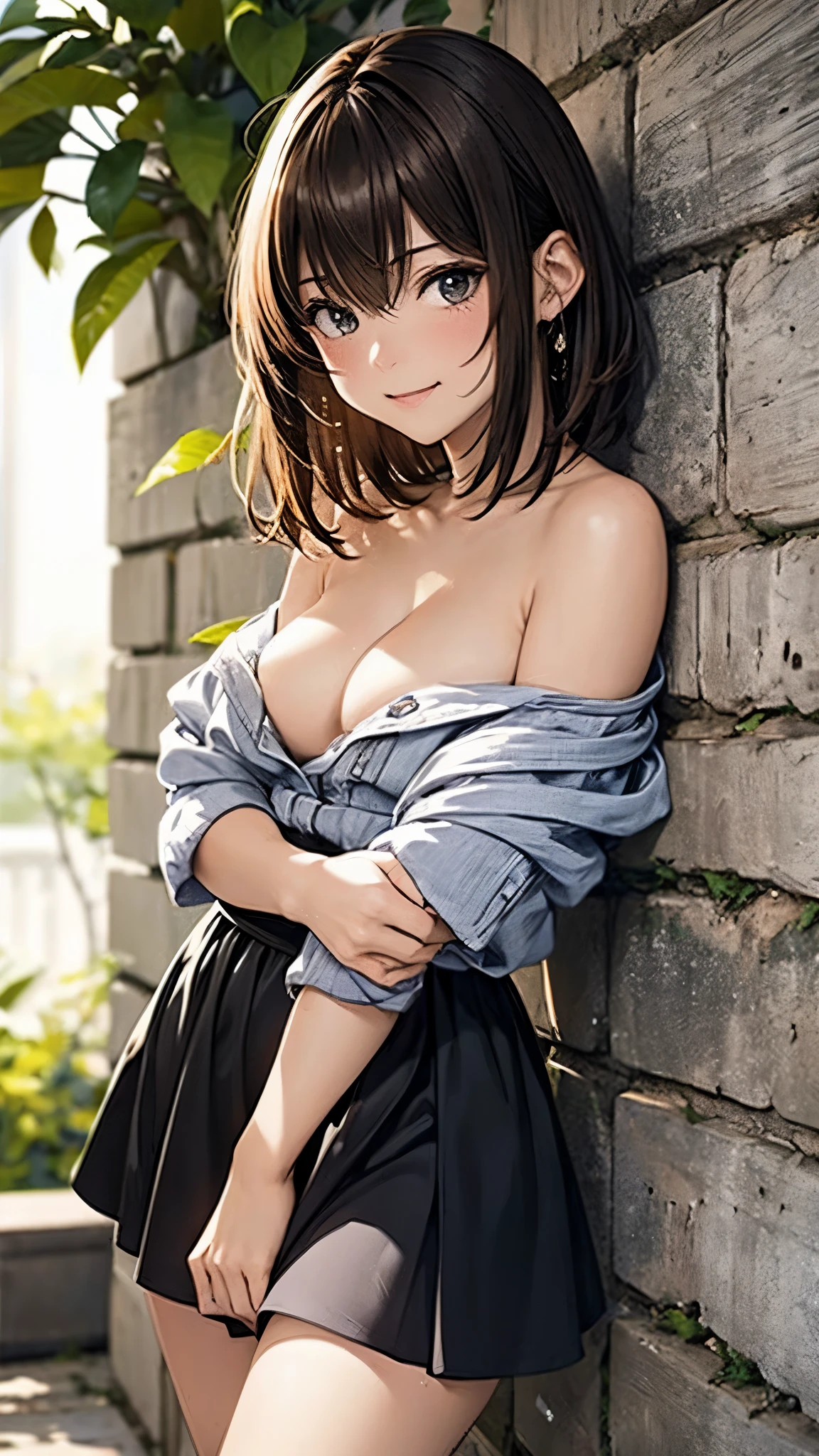 highest quality、4K quality、lean against the wall、Beautiful cleavage、Beautiful Style、tall、Small breasts、Bare buttocks、Small Ass、Shy face、20 year old princess、Bare shouldery skirt is blown up by the wind、ultra detail eye,、Off-the-shoulder summer dress、Grab the hem of your skirt、nude legs、A man touches my butt