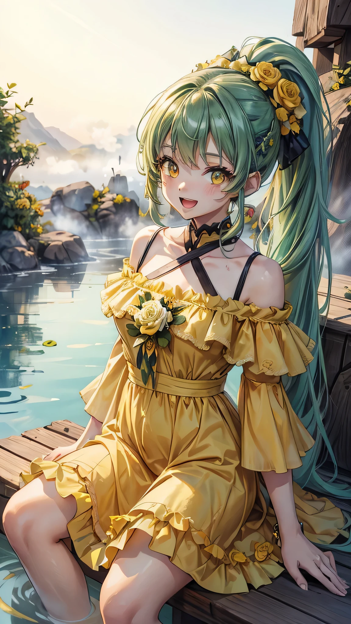 perfect anatomy, masterpiece:1.4, best highres, 16k, (the background is Hot Spring Town), ((background many hot spring with fog)) break,  
(wide-angle, frontale:1.2) (solo:1.3 ponytail green hair long hair cute girl), ((15 yo)), (cute yellow eyes), ((beautiful make up)), (happy smile, open mouth), break, (in a Layered yellow Off-the-shoulder dress with detailed green rose).
