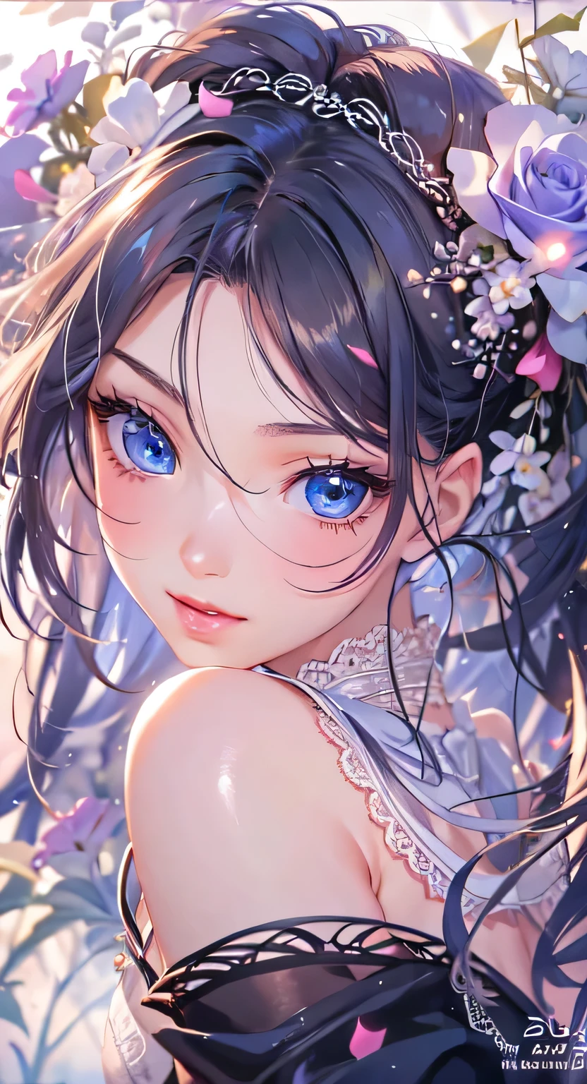 ((highest quality)), ((masterpiece)), (Get used to it), Perfect Face , masterpiece、highest quality、High resolution、High-quality images、8k, 1 female、Skin Radiance、Texture of skin and clothing、Expression of fine eyes、Shiny black hair,Girl with long braided hair, Manga inspired by Lee Jong-suk, Trending on deviantart, realism, detailed manga style, Manga art style, Perfect Line Drawing, Beautiful line art, digital manga art girl, K-POPアイドル, Beautiful Blue Eyes, Lips become thicker, Gorgeous face with attention to detail, (Cute Smile), charm, Innocent, Side view, (Perfectly detailed face), (Beautiful Hands) Photorealistic images, Written boundary depth, 20th Generation ,beautiful girl , Green Rose , Lace dress , Medium Chest , protruding shoulders , I can see her cleavage , Green Rose , There are many green roses in the background ,