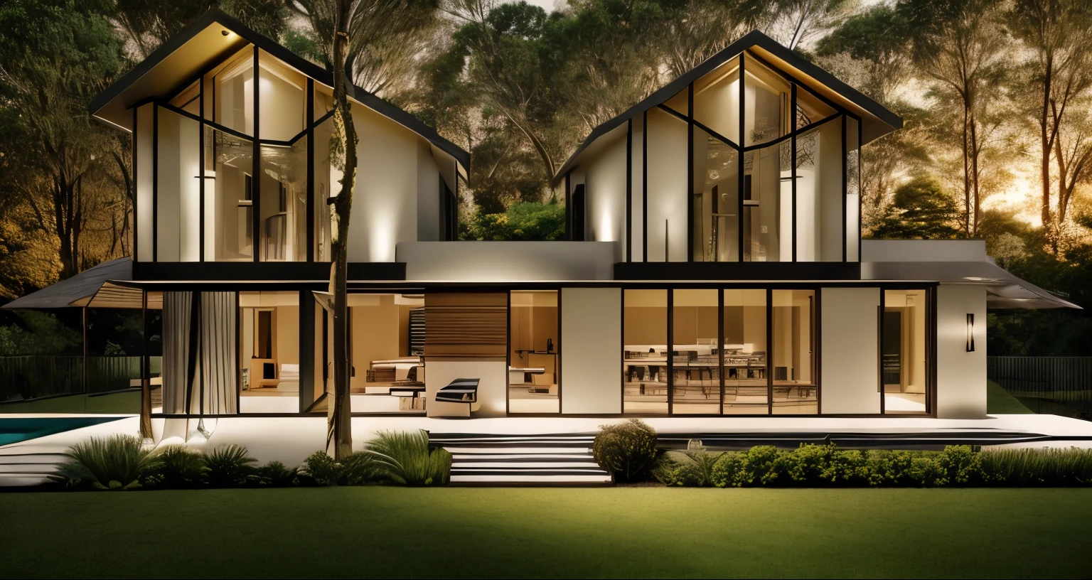 a modern villa in the forest, golden hour, cinematic lighting, photo realistic