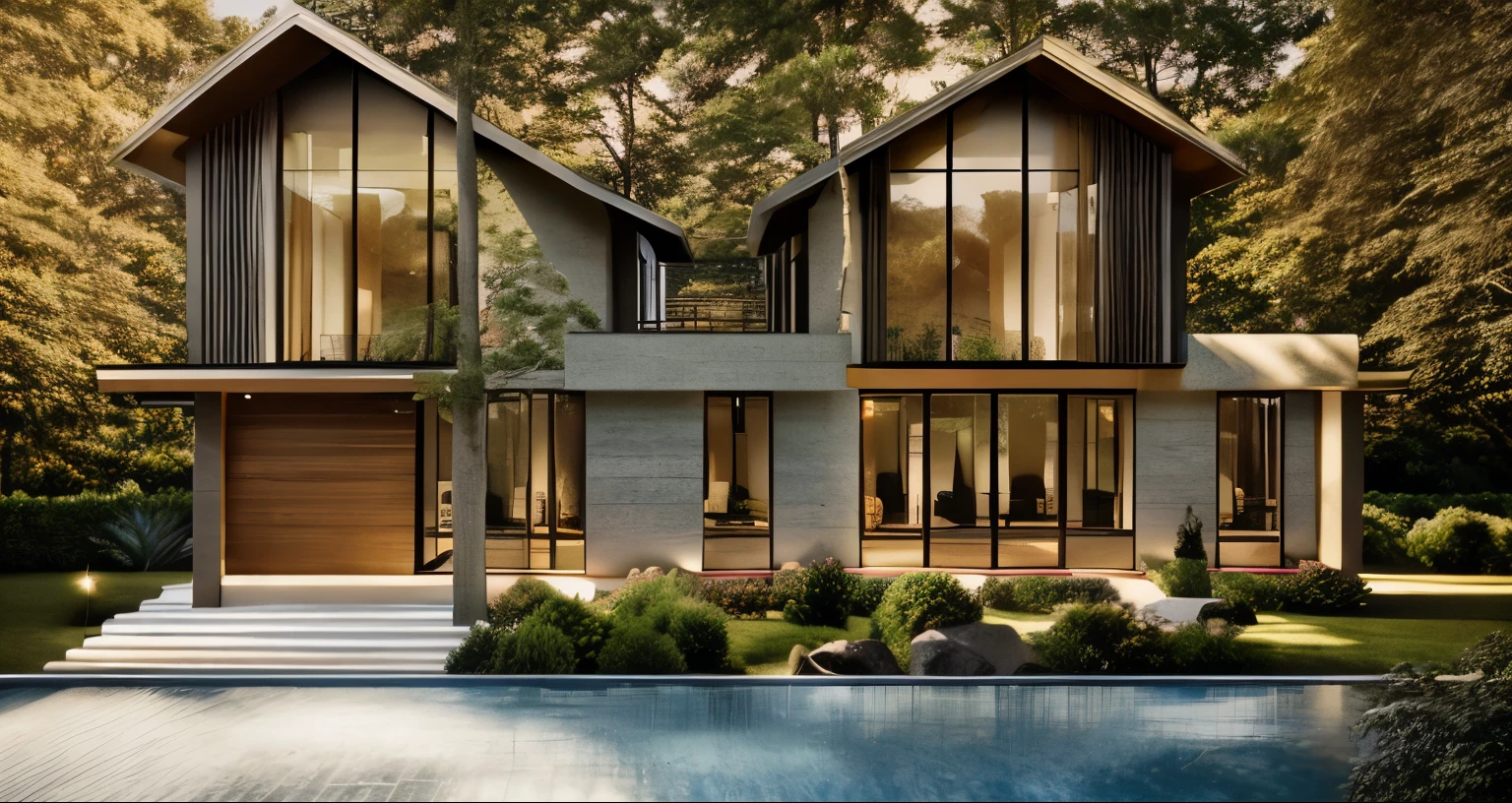 a modern villa in the forest, golden hour, cinematic lighting, photo realistic