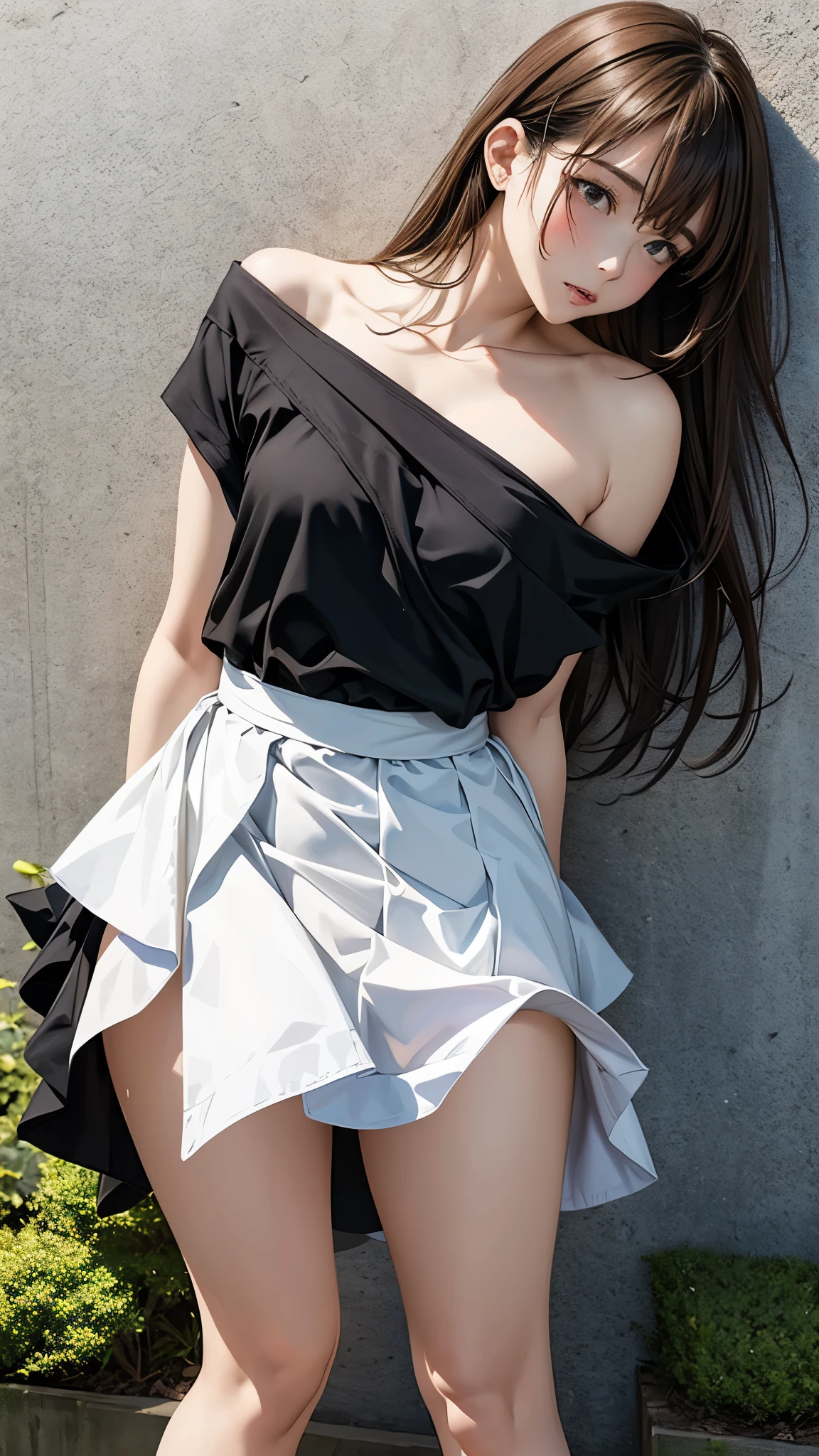 highest quality、4K quality、lean against the wall、Beautiful cleavage、Beautiful Style、tall、Small breasts、Bare buttocks、Small Ass、Shy face、20 year old princess、Bare shouldery skirt is blown up by the wind、ultra detail eye,Shooting from behind、Off-the-shoulder summer dress、Grab the hem of your skirt、nude legs、Being restrained from behind by a man