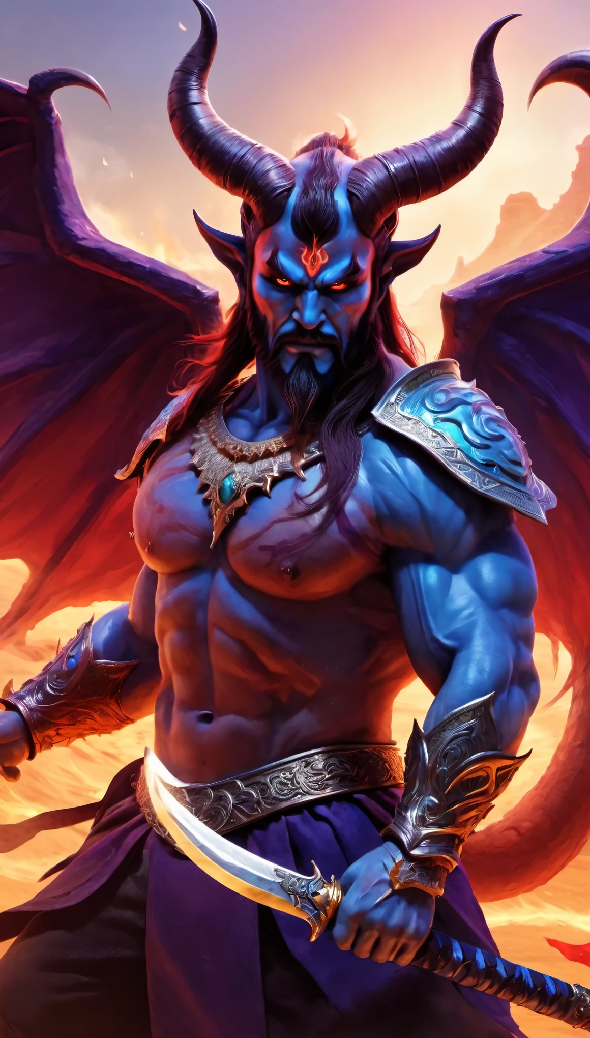Best quality at its best,super-excellent,really:1.37,Chinese mythology,Asuras,Demon King,Strong-willed person, red horns, terrible death,light blue skin,dark sharp eyes,sword in hand,horns of targets,Toned muscular body,elegant armor,(Devil's wings),Complex patterns,glowing aura,Surrounded by purple flames,Desert battlefield background,Defeat demons and evil spirits,(safe),Divine Wrath,majestic and powerful,Mythological creatures, Magical energies, magical aura, Hipperrealism, surrealism, ultrarealism, hd, a lot of details