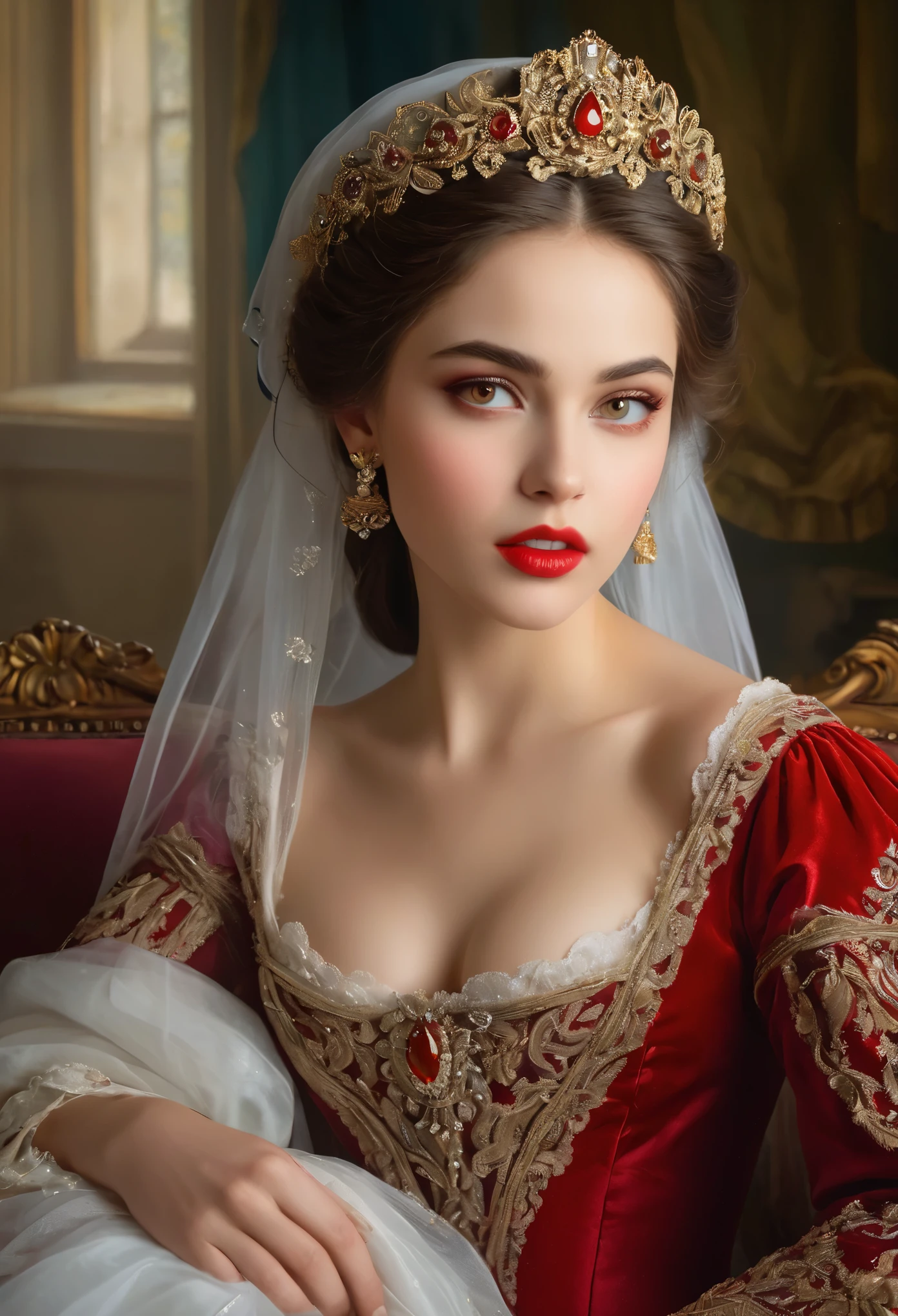 (High resolution,masterpiece:1.2),(Realistic:1.37)Portrait of an 18th century Russian vampire girl of unparalleled beauty. She has captivating red eyes and delicate rosy lips. Long fangs, The portrait is carefully drawn down to the smallest detail., Capture the subtle nuances of her features. She is wearing a beautiful silk gown, Adorned with intricate lace and delicate embroidery. This painting speaks of the luxury of the time., Luxurious velvet curtains and gold furniture in the background. The lighting is soft and diffused, Highlight the girl&#39;s graceful beauty. the colors are vivid and rich, Create compelling visual experiences. (This portrait is painted in the classical portrait style:1.5), Reminiscent of the works of famous artists of the time. It exudes elegance, Grace, Sophistication. sharp long claws, (Crimson eyes:1.4), Flame-red eyes, (Sharp fangs visible through the gap between his lips:1.8), (There is a bite mark on the neck:1.5),.２There are two holes