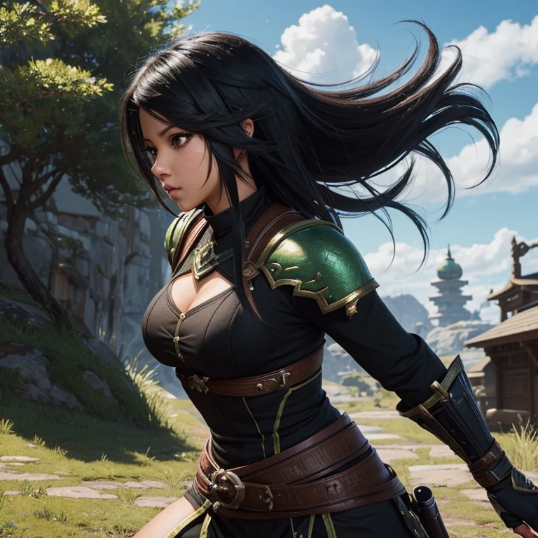 (((Only one character))), Profile, 1 girl, female, brownskin, black hair, green eyes, Kaeya Genshin Impact, Final Fantasy XIV, attack stance