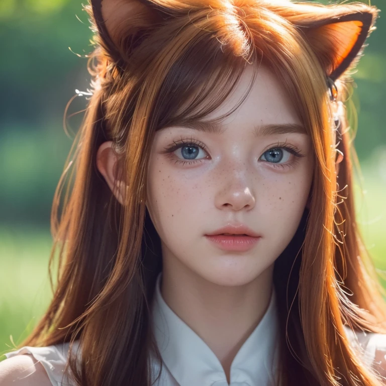 (best quality,4k,8k,highres,masterpiece:1.2), ultra-detailed, realistic:1.37, young solo girl, detailed blue eyes, cat ears, cat tail, freckles, cute, orange hair, long wavy hair, portrait, vibrant colors, soft lighting