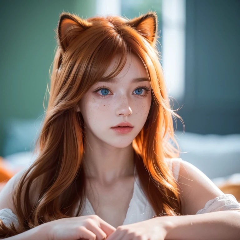 (best quality,4k,8k,highres,masterpiece:1.2), ultra-detailed, realistic:1.37, young solo girl, detailed blue eyes, cat ears, cat tail, freckles, cute, orange hair, long wavy hair, portrait, vibrant colors, soft lighting