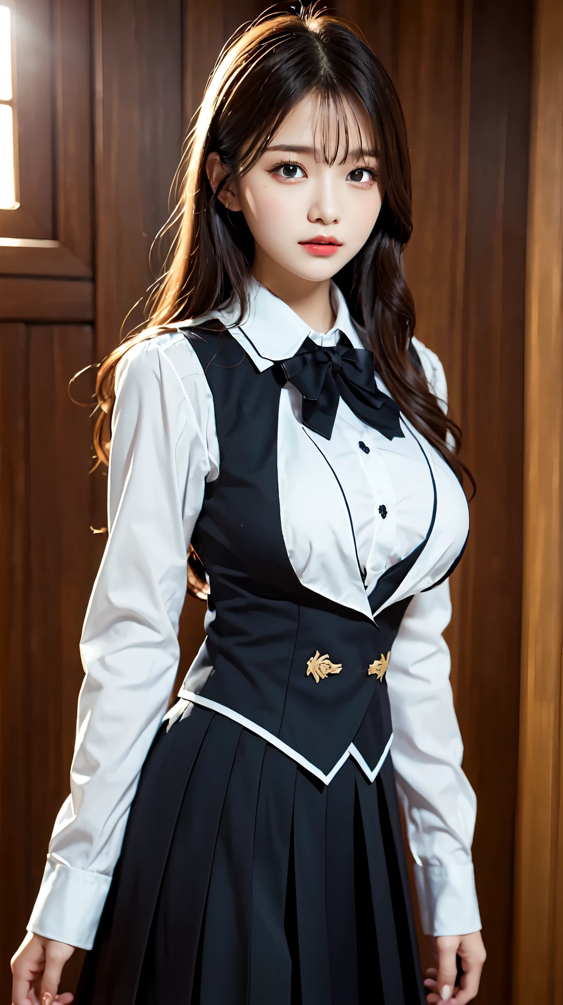 Attractive young girl, 16 years old, Magician Woman,(Lucifer's Uniform),Cute face,(Sexy appearance), Big Breasts, valley, Official Art,Highly detailed CG Unity 8k wallpaper, (masterpiece:1.0),(highest quality:1.0), photo shoot, 8k, Browsing Caution, High resolution, Kodak Portrait 400, Film Grain, Lens flare brilliance,Show Viewer