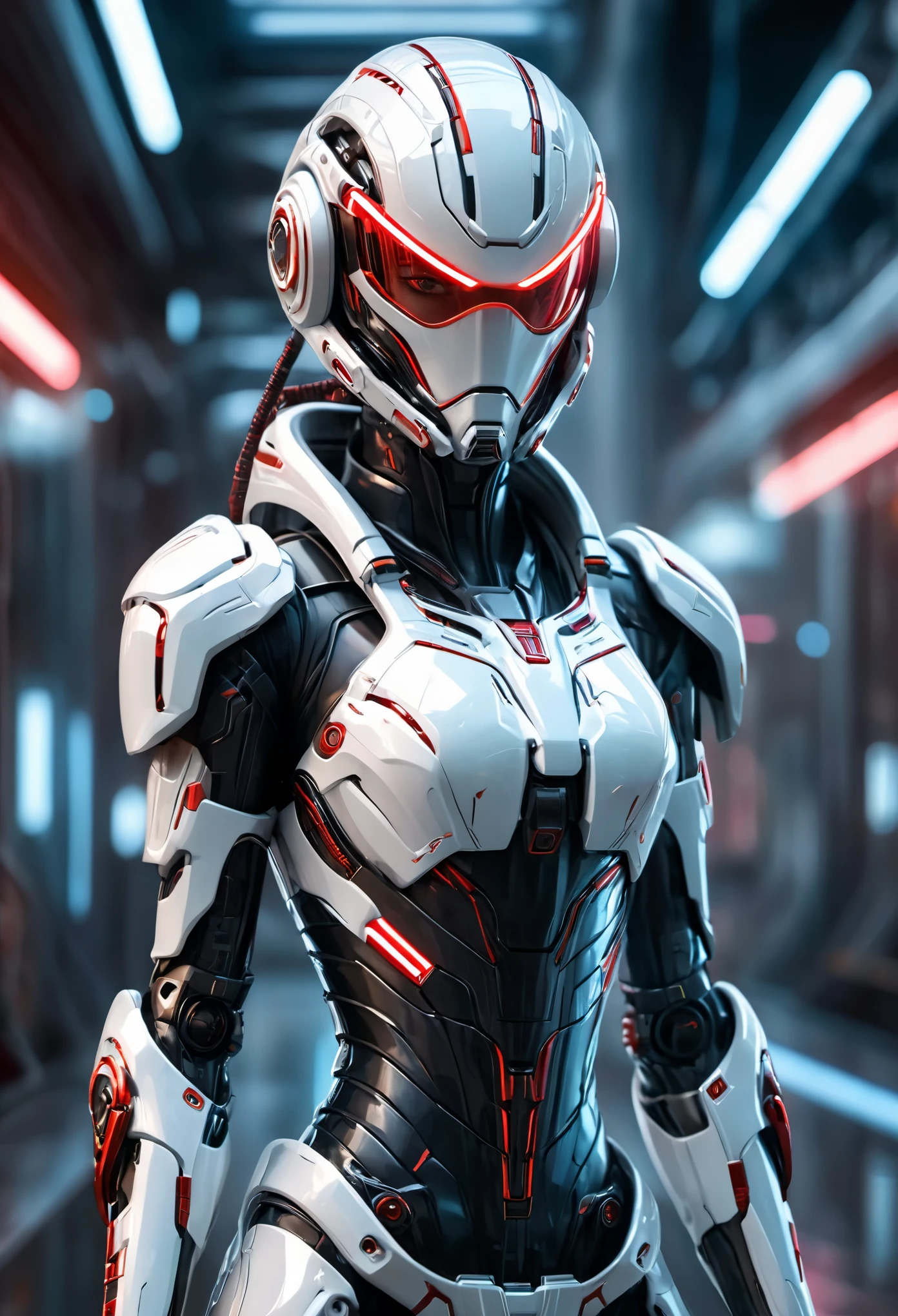 armed female figure in a white sci-fi suit, wearing a cyberpunk style shiny white helmet with red visor robotic features, the reflection on her face is made of glowing red wires with intricate details, (Artstation:1.1), (intricate:1.1), (great eye detail:0.7), solo, female, looking at viewer, photorealistic, 8k, unreal engine, inspired by HR Giger, half body portrait, highly detailed,