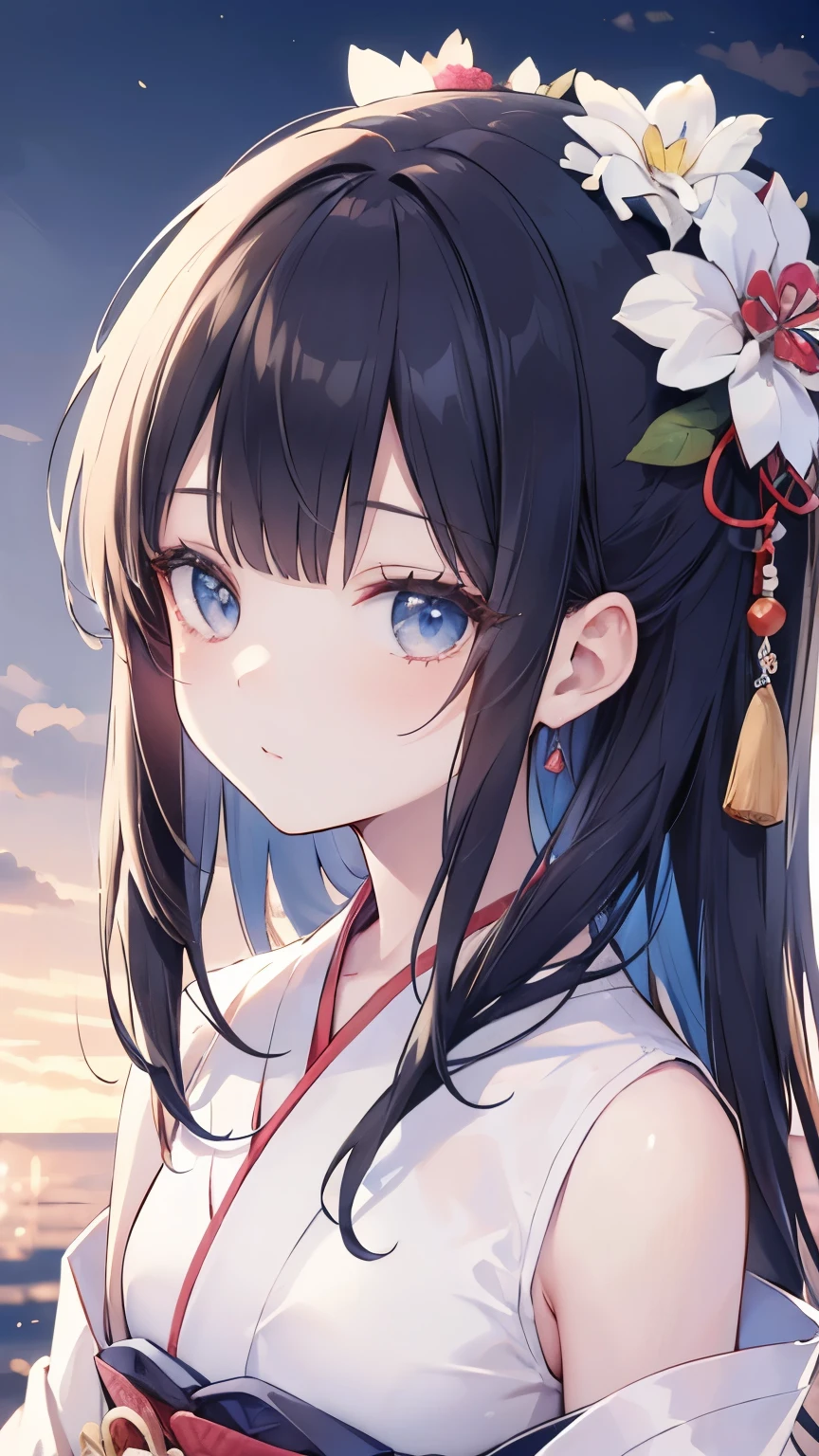 ((Best quality, 8k, Masterpiece: 1.3)), Highly detailed face and skin texture, Detailed eyes, Girl in traditional Japanese kimono、Morning glory costume、Light blue kimono、Summer festival at dusk、Innocent expression、Cute black hair girl、(She has a hairpin in her hair)