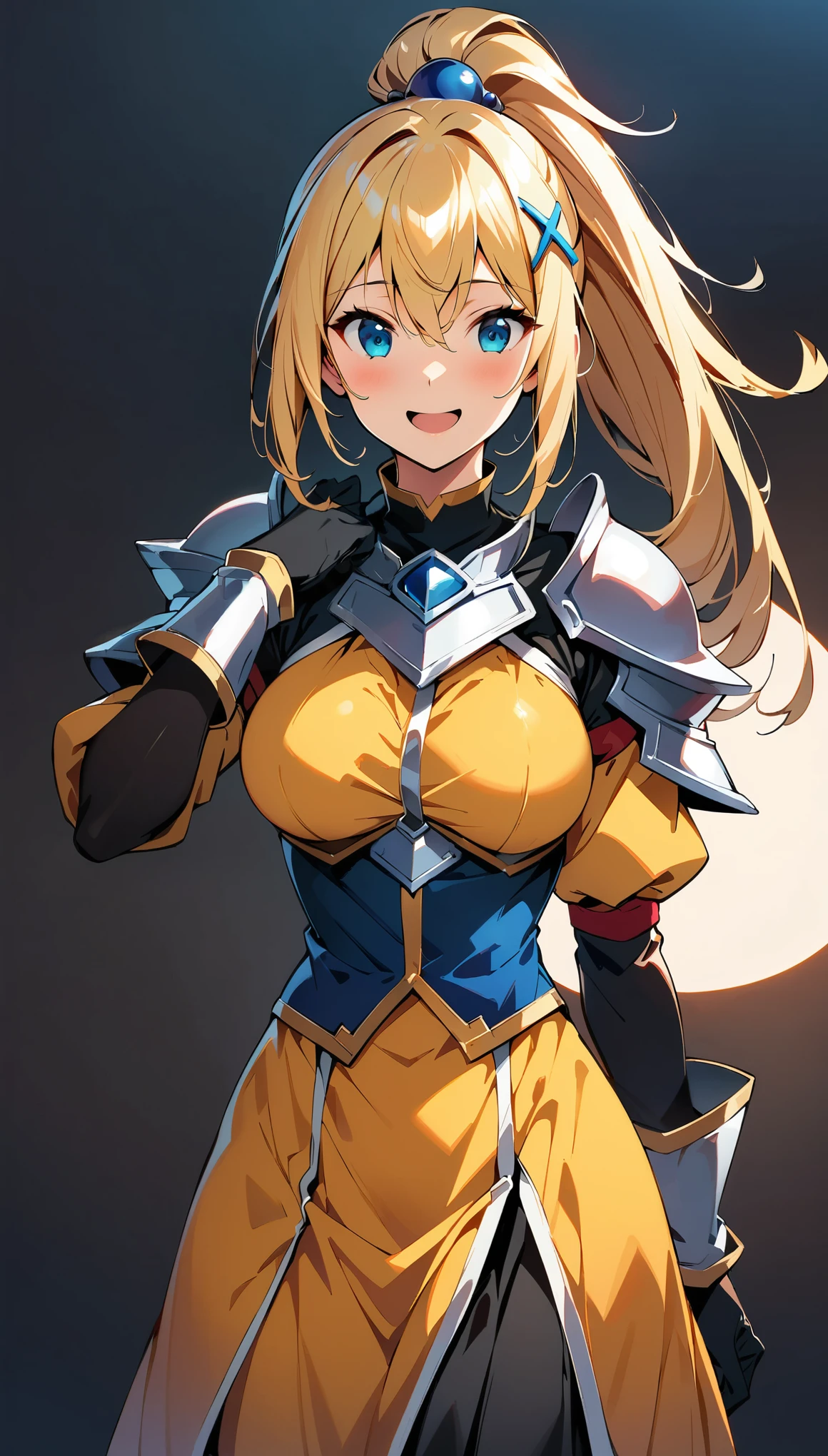 (highest quality:1.2, Comic Artwork, Comic book style, Very detailed, up to date, Vibrant, digital coloring, High Contrast, masterpiece:1.2, Best Quality, Best aesthetics, aya), (((KonoSuba, Darkness, 1 Female:1.2))), ((Blonde, ponytail, Red X Hair Ornament, Silver Armor, shoulder 鎧, Bodysuits, Black gloves, Yellow Dress, Black long skirt)), Open your mouth, smile, Random Posing, Cowboy Shot, Simple Background.