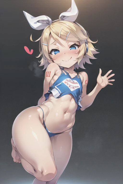 (masterpiece), (highest quality), (figure), (Very detailed), (High resolution), (8k), Perfect Anatomy, Disorganized, One Girl, (Kagamine_Also), (Vocaloid), short hair, Hair Clip, blush, (blonde), very cute girl, small, young, delicate, Attention to girls, cute, she, smile, Best moment, , blue eyes, Bright Eyes, Vivid eyes, cute, Are standing, Thighs, Waistline, Being spoiled, Innocent, i love you, Love Viewer, Beautiful Skin, Beautiful body, cute face, delicate arms, Boyfriend's gaze, Vivid eyes, Neat, barefoot, Looking up, blush, Sensual, Provocative, whole body, Seductive, Detailed skin texture, Intricate details, Very detailedな顔, Beautiful Eyes, heart, Cheerleader, Y-shaped splits,
