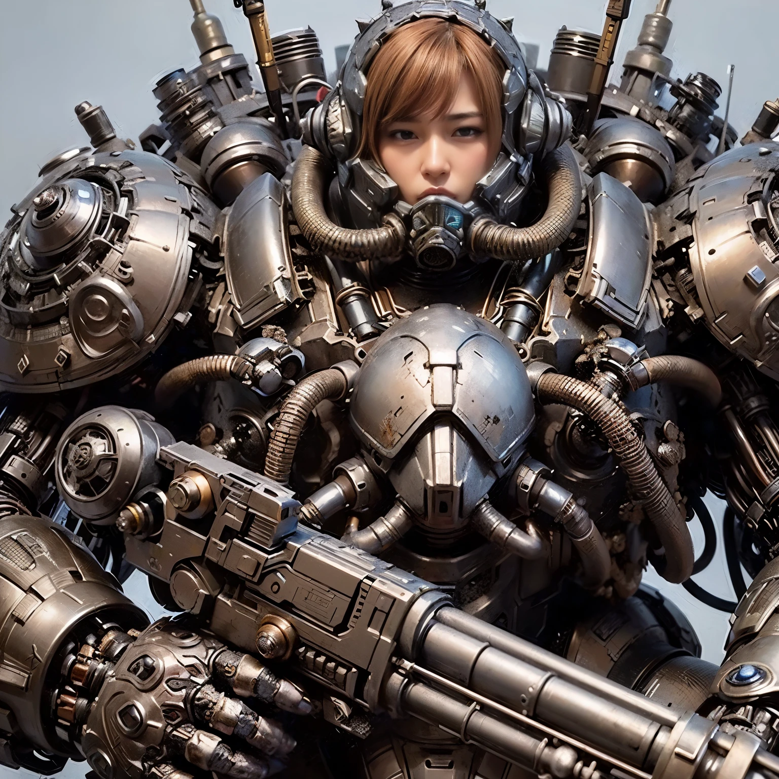 (mechanical armor with reference to a dung beetle), power pipes, hydraulic cylinders, ultimate intricate detail, Japanese female soldier in mechanical armor, very beautiful face, realistic, full body shot, sortie from secret base