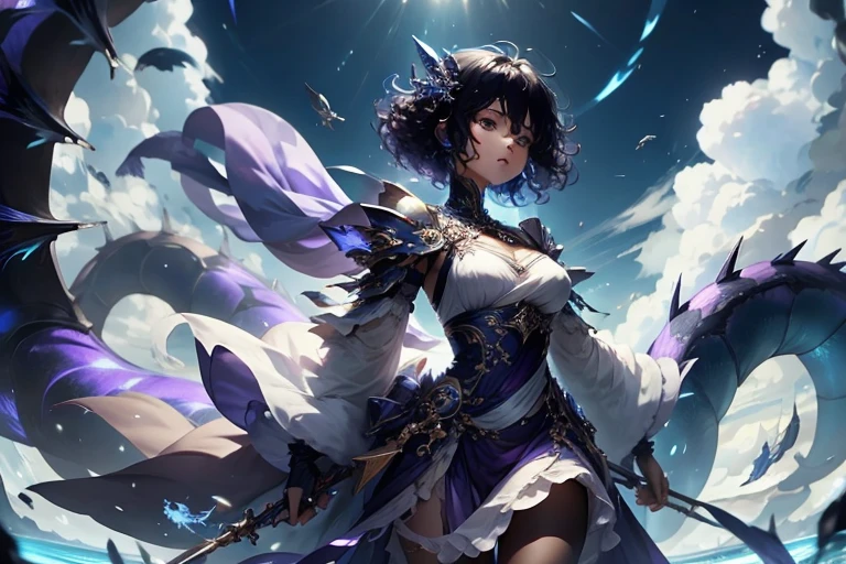 Fantasy,Bright,blue sky,white cloud,Lighten the sky,Girl,teenager,Full body view,Floating in the sky,Hover,Put your right hand forward:2.0,Facing left,Purple clothes,short hair,Curly hair,Black Hair,Angry,Spiky Tiara,A giant blue dragon behind the girl,Freezing dragon Breath