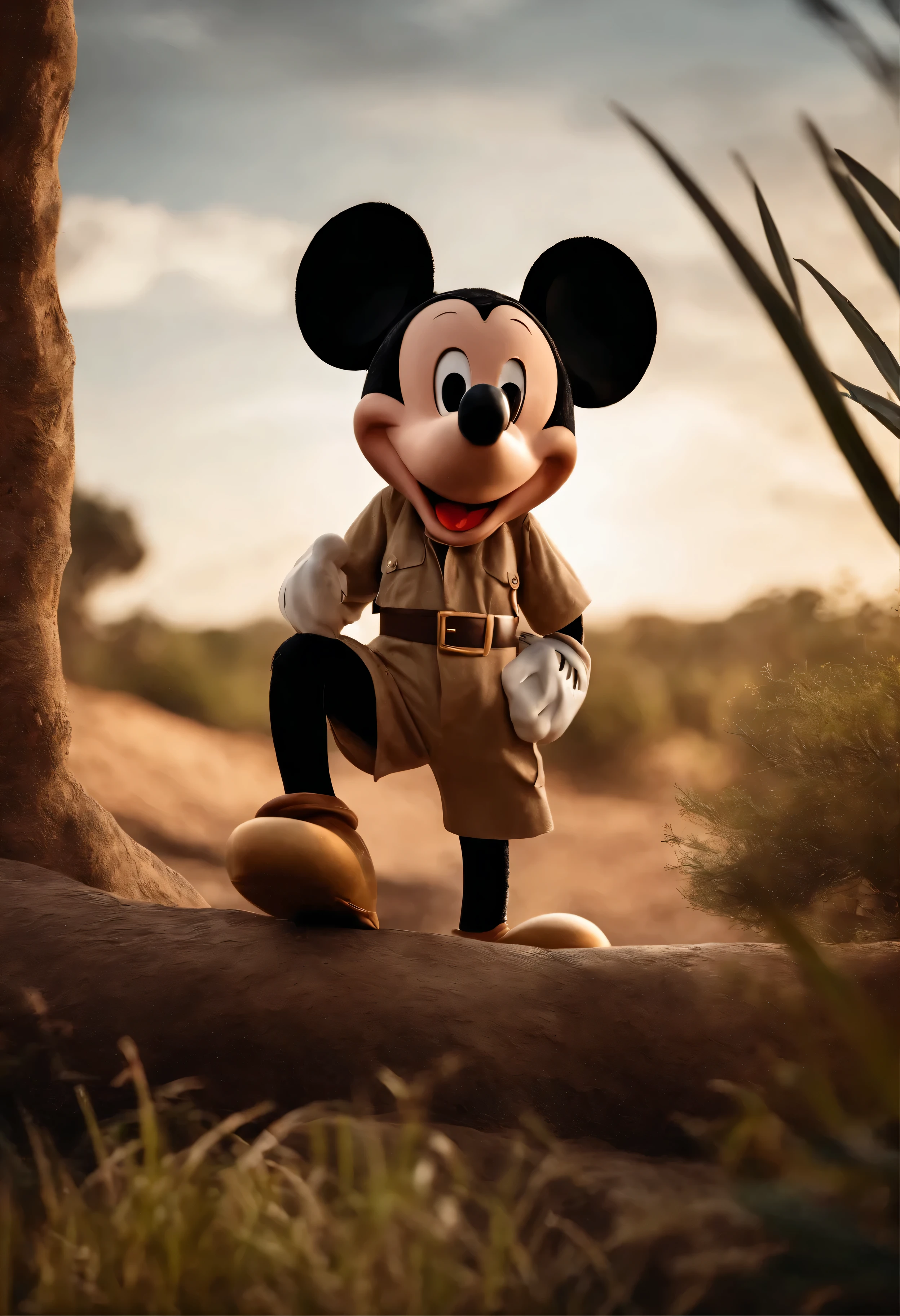 Mickey mouse(feliz), com roupas estilo safari, numa passagem safari.