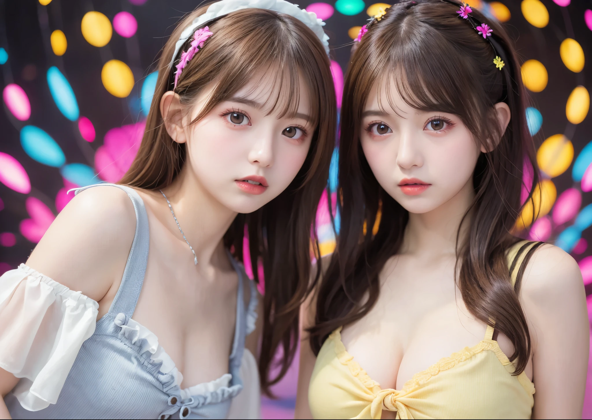 Psychedelic world、ta Fashion、((Two beautiful girls))、18-year-old girl、Big eyes、Small breasts、Light Brown Hair、colorful gel background、Fractal Background、Perfect lighting、Sharp focus、High resolution、High resolution、High color reproducibility、High resolution、Ultra-realistic、Photorealistic