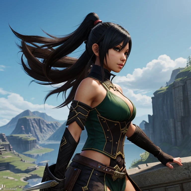 (((Only one character))), Profile, 1 girl, female, brownskin, black hair, green eyes, Kaeya Genshin Impact, Final Fantasy XIV, attack stance