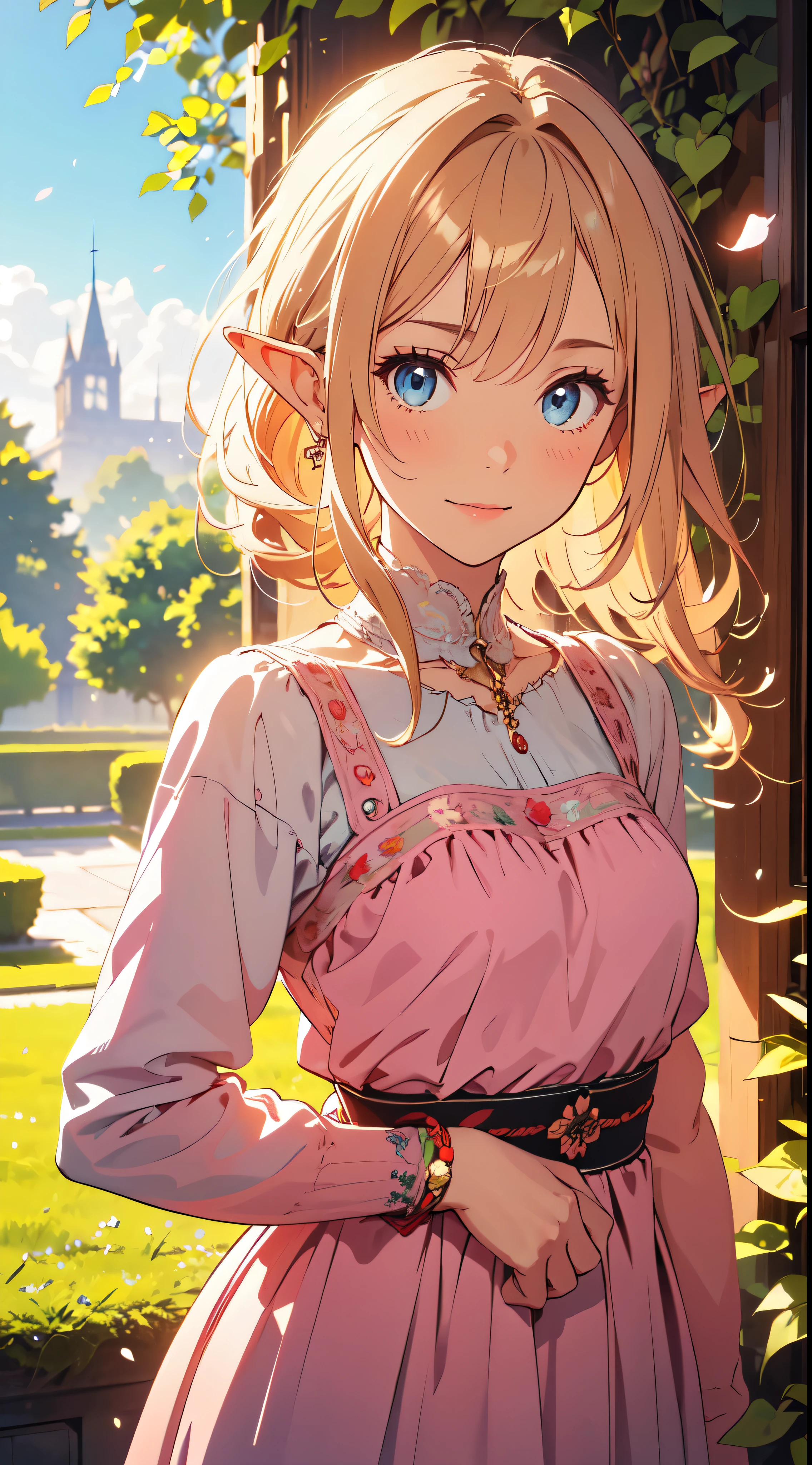 (best quality,4k,highres), realistic, HDR, cowboy shot, an elf girl, blonde long hair, pink dress, blue eyes, smiling, detailed beautiful eyes, detailed beautiful lips, head straight staring into the viewer, warm light, blue sky, standing in the middle garden, vibrant colors, soft lighting, joyful expression, delicate facial features, flowing movement, vibrant and lively atmosphere, abundant flower petals, lush green grass, peaceful ambiance, surrounded by a variety of colorful flowers, gentle breeze, captivating and enchanting scenery.