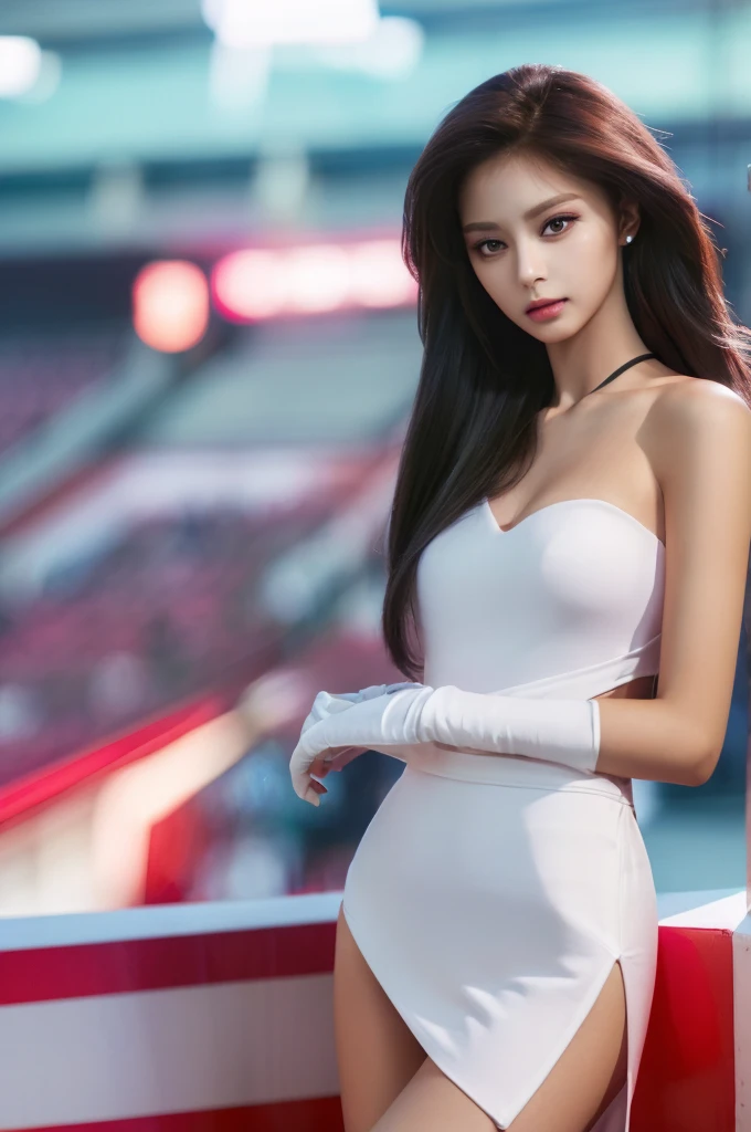 Tzuyu 1, woman, (Realistic), (Hyperrealism), (photoRealistic), Depth of written boundary, eye make up:0.7 (whole body:1.2), (Tight waist), Watching the audience,at the racing track, Race Queen, Sexy dress with open shoulders and chest