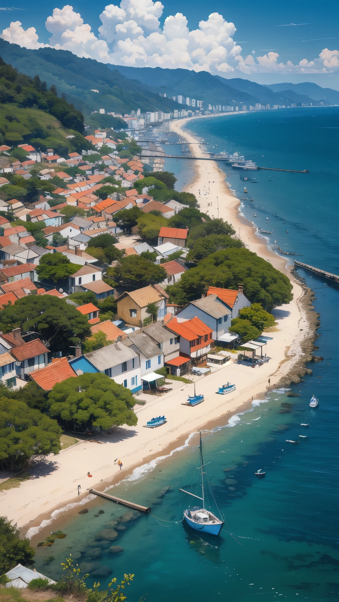 Op Art, Elaborate and intricately crafted, A sun-drenched coastal village, with colorful houses and fishing boats dotting the shore, cloudy, motivated light