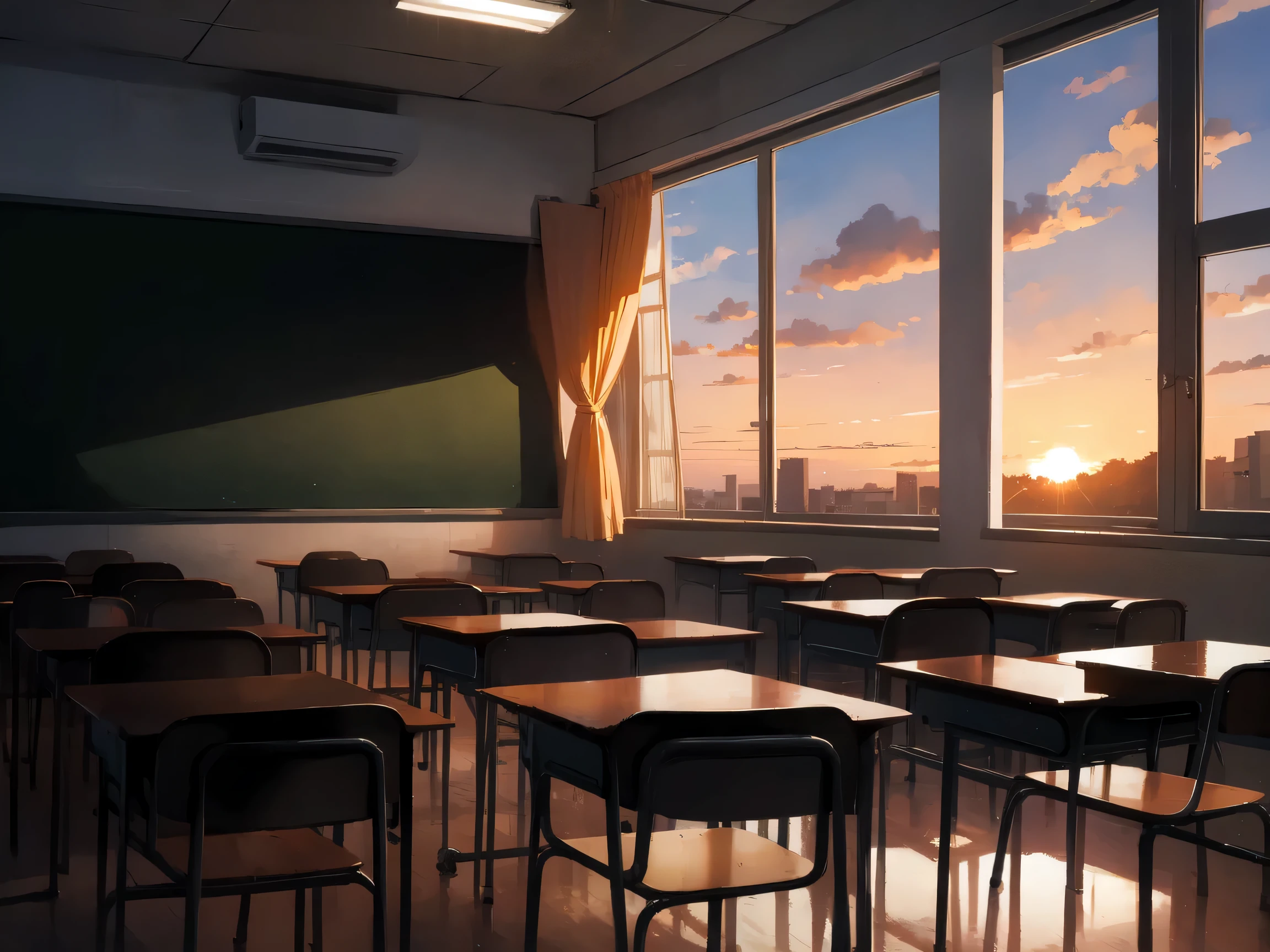 classroom, sunset,There are no people、Oblique perspective、blackboard