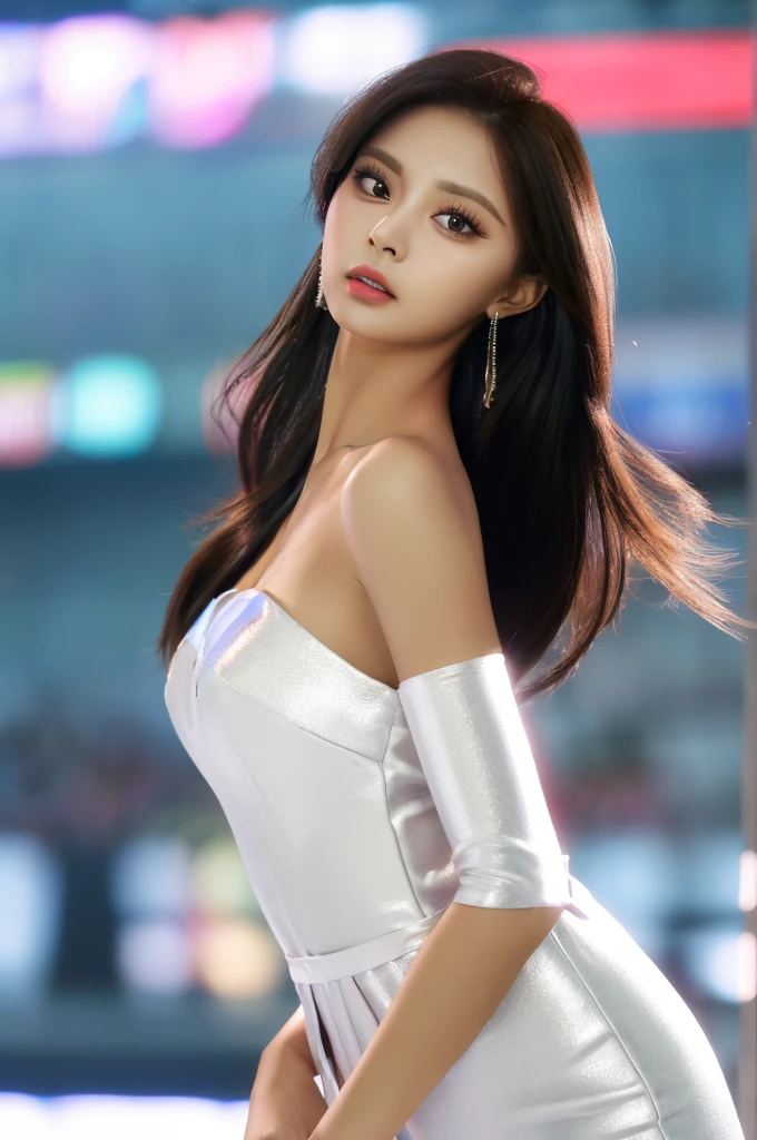 Tzuyu 1, woman, (Realistic), (Hyperrealism), (photoRealistic), Depth of written boundary, eye make up:0.7 (whole body:1.2), (Tight waist), Watching the audience,at the racing track, Race Queen, Sexy dress with open shoulders and chest