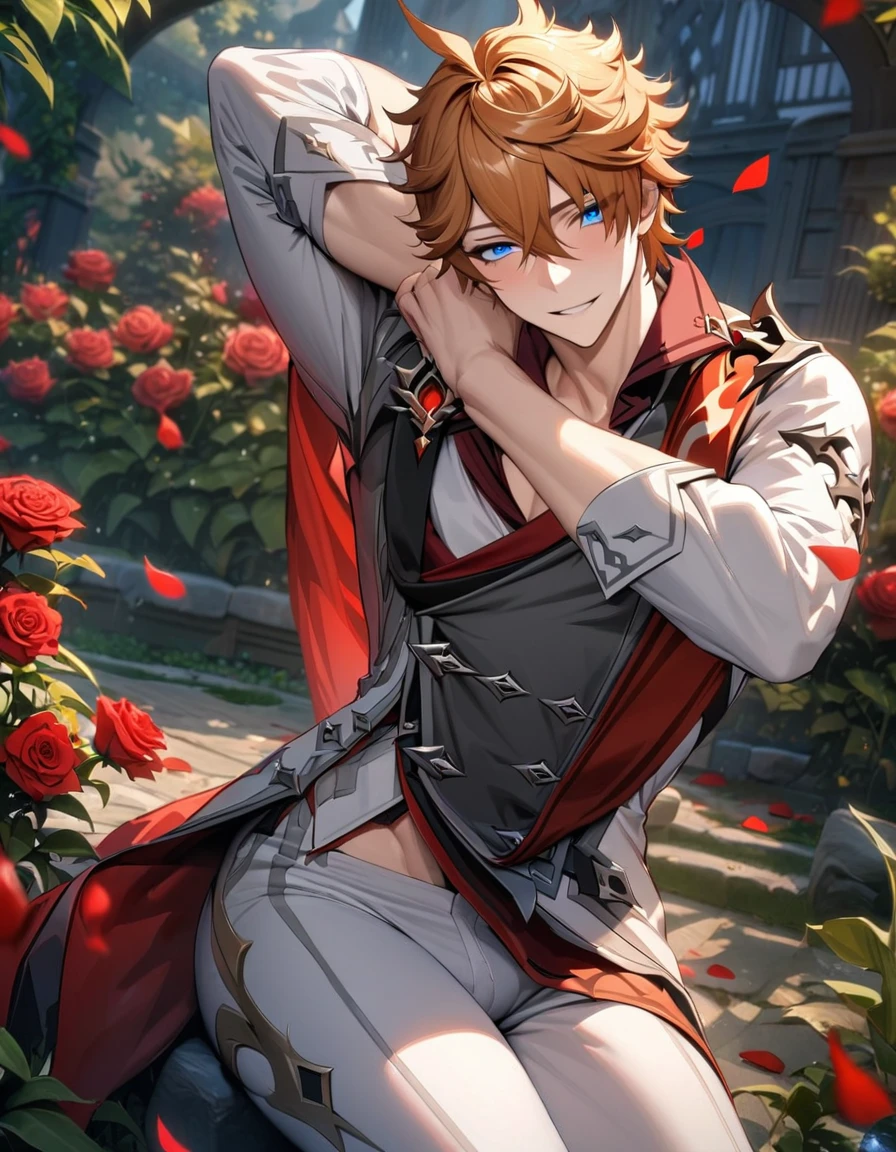 absurdres, highres, ultra detailed, HDR, master piece, best quality, Tartaglia, orange-brown hair, expressive blue eyes, Genshin impact, solo, sexy man, handsome, lewd, horny, white pants, sexy pose, garden, red roses, red petals