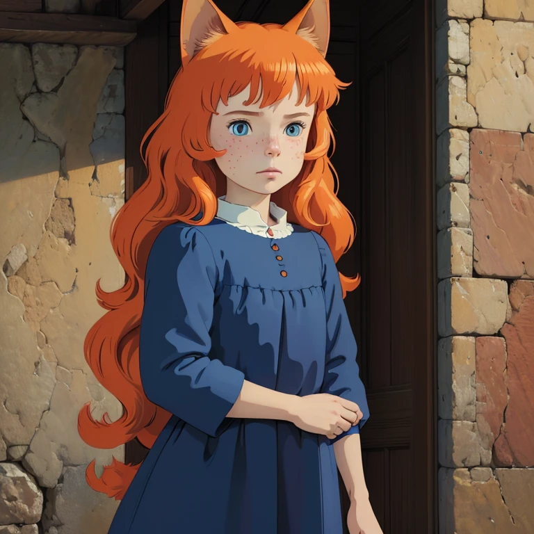 (best quality,4k,8k,highres,masterpiece:1.2), ultra-detailed, realistic:1.37, young solo girl, detailed blue eyes, cat ears, cat tail, freckles, cute, orange hair, long wavy hair, portrait, vibrant colors, soft lighting