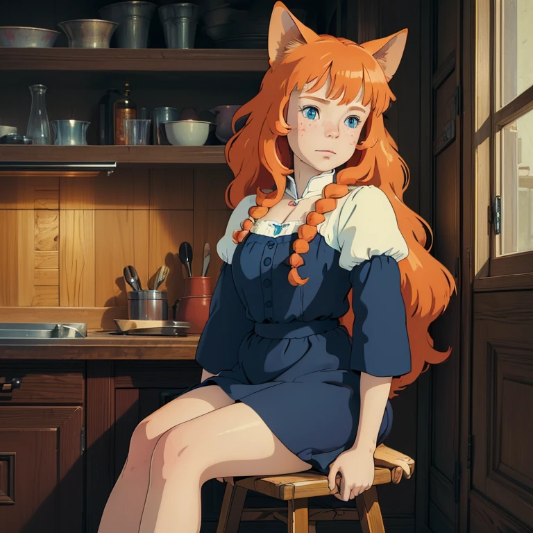(best quality,4k,8k,highres,masterpiece:1.2), ultra-detailed, realistic:1.37, young solo girl, detailed blue eyes, cat ears, cat tail, freckles, cute, orange hair, long wavy hair, portrait, vibrant colors, soft lighting