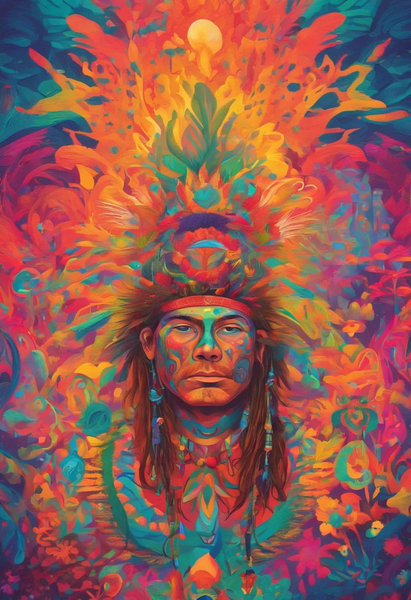a man wearing an indigenous headdress and many seed necklaces in a forest with many animals. 8k