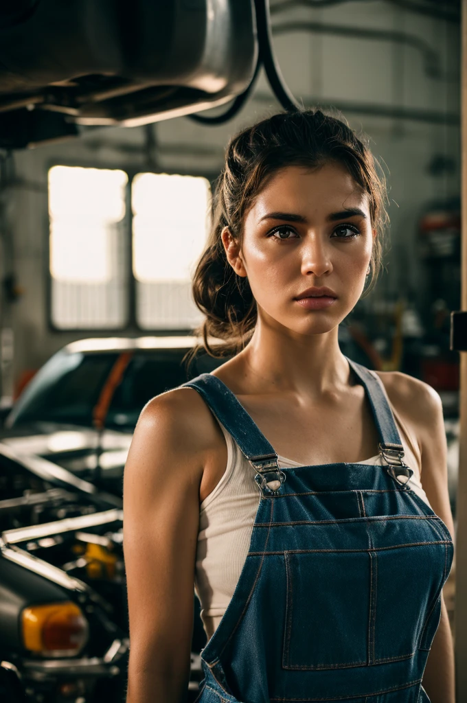 A female mechanic, torn mechanic overalls, pin-up aesthetic, high detail face, high detail skin, photo-realistic, cinematic lighting, depth of field, rim lighting, backlit, cool colours, taking a pause for a Cengiz