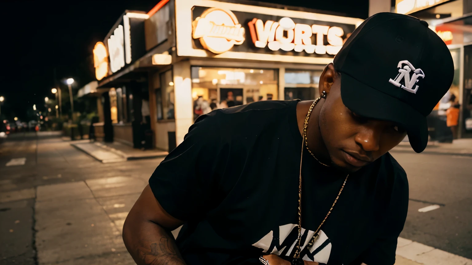 a black hip hop artist, wearing black baseball cap, and t shirt, clutching his stomach outside a burger  fast food restaurant night time america,