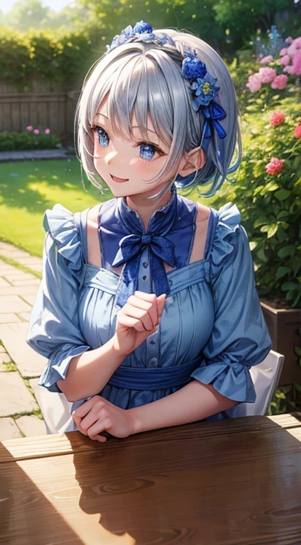 A girl anime in garden, the girl have blue dress and silver short hair, nobles , cute girl, smiling, Blue floral ribbon, hands pose