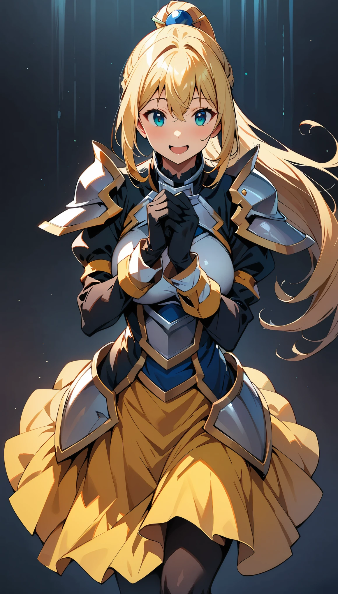 (highest quality:1.2, Comic Artwork, Comic book style, Very detailed, up to date, Vibrant, digital coloring, High Contrast, masterpiece:1.2, Best Quality, Best aesthetics, aya), (((KonoSuba, Darkness, 1 Female:1.2))), ((Blonde, ponytail, x Hair accessories, Silver Armor, shoulder 鎧, Bodysuits, Black gloves, Yellow Dress, Black long skirt)), Open your mouth, smile, Random Posing, Cowboy Shot, Simple Background.