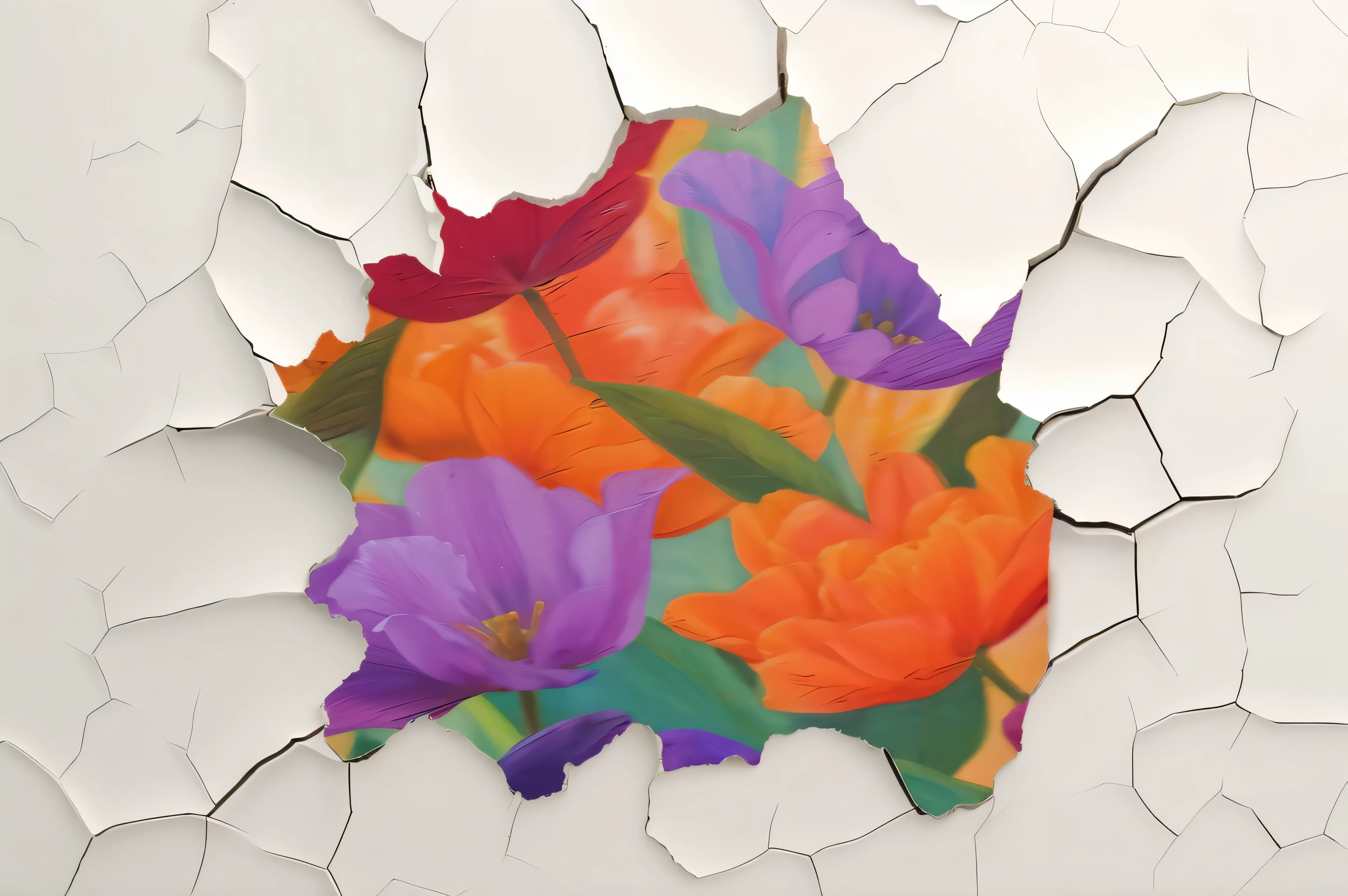 There is a painting of a flower on a cracked wall, smear flowers, Close-up printing of breaks, Vulnerable. numberpainting, Mottled flowers, Painted number art, crack, Flower splash painting, crack, numberpainting, a numberpainting, crumbling, Colorful torn fabric, vibrant number, Broken vase, number