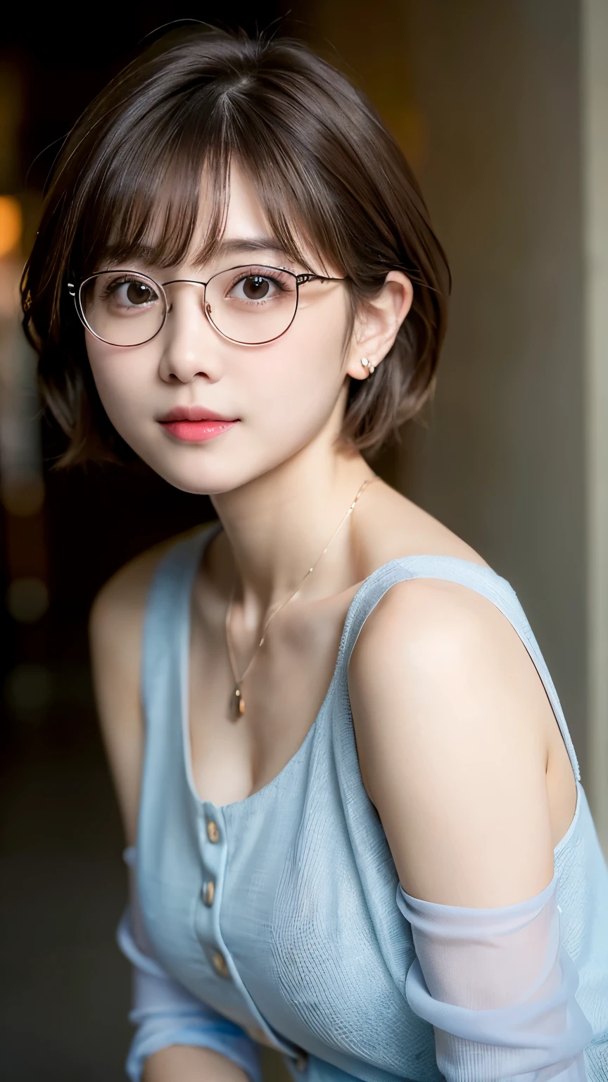 ((highest quality))、(masterpiece:1.4)、RAW Photos、8k、((Best image quality))、 ((Highest Resolution))、Ultra HD Photos、Delicate face、Beautiful face in every detail、Very detailed、(One Woman:1.3)、Realistic、(Cute Woman:1.3)、Very Short Hair、(Beautiful woman)、(Small face:1.5)、[smile]、necklace、(Round Glasses)、Random Pause、random hair color、(big breasts)