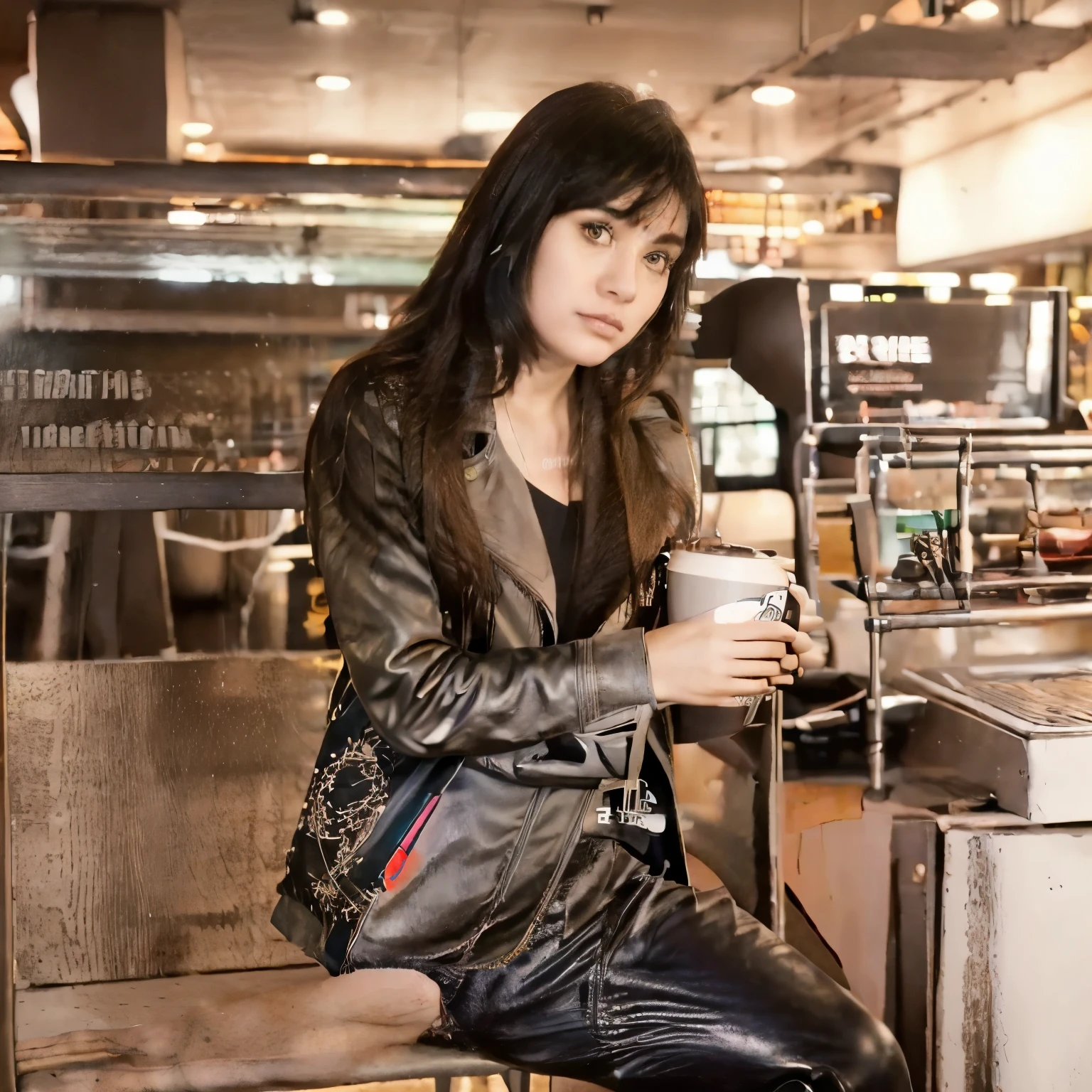 (best quality,realistic), a teenager girl, layered black hair, bangs, wearing makeup, leather jacket, sitting at the coffee shop table, detailed eyes and face, slender fingers holding a cup of latte, flashlight photography, muted colors, urban setting, modern decor, cozy atmosphere