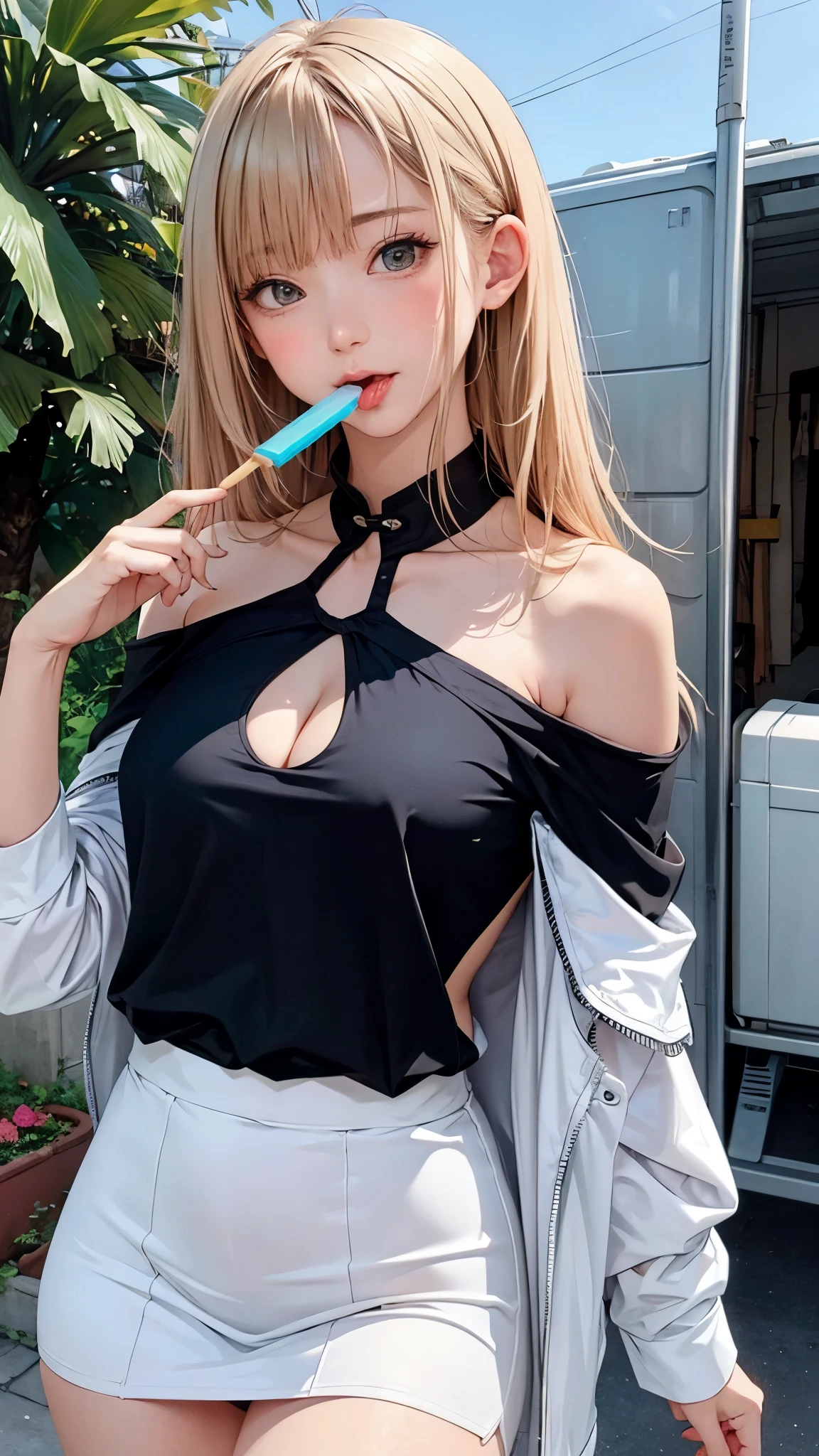 highest quality、4K quality、Beautiful cleavage、Beautiful Style、tall、Small breasts、Bare buttocks、Small Ass、Shy face、20 year old blonde princess、Bare shoulders、My skirt is blown up by the wind、ultra detail eye,Shooting from behind、Off-the-shoulder gorgeous dresses、Sticking out tongue and licking popsicle、realistic tongue、Holding a popsicle in one&#39;s army whole body is wet、Small face、Soft skin quality