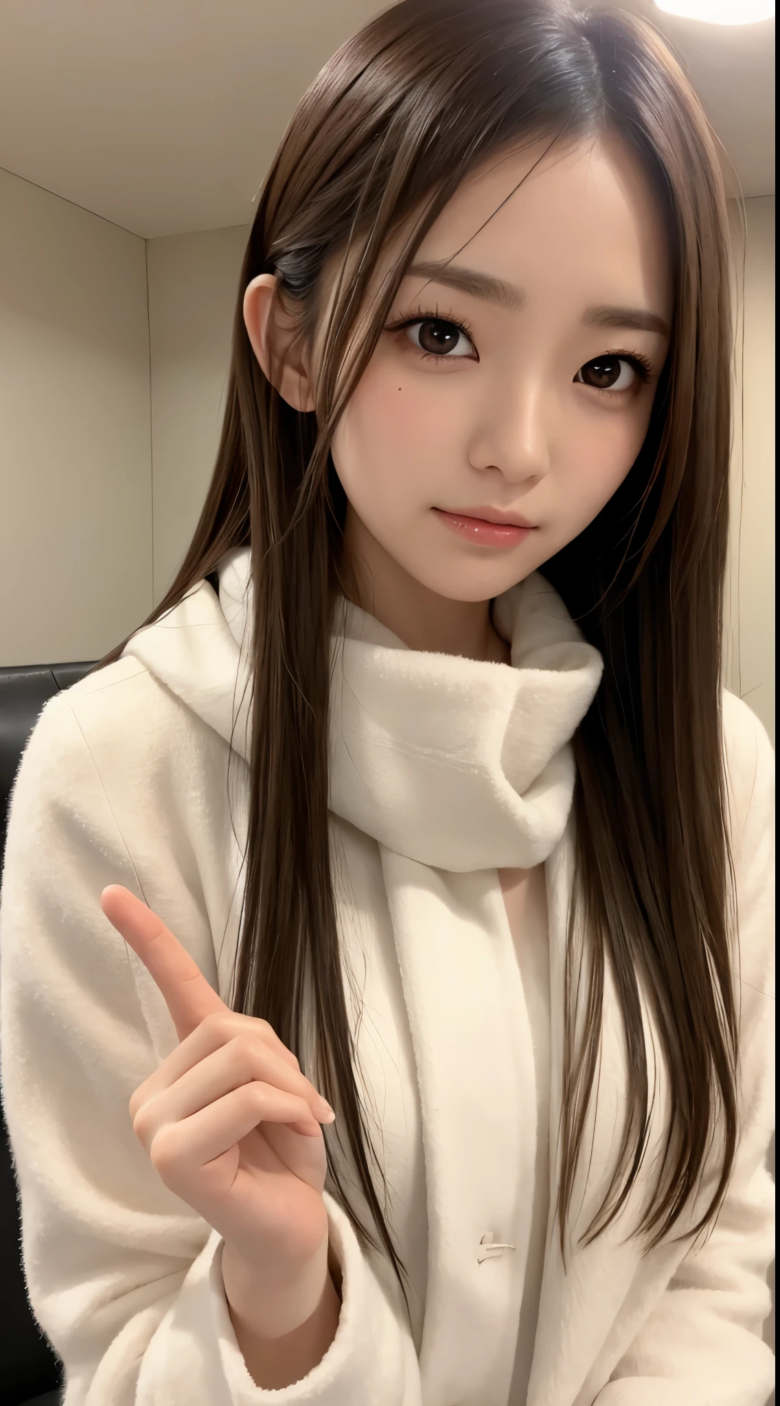 1 Female, (Close-up of face:1.5), Light brown hair, Blunt bangs, hair behind the ear, Hair that falls over the shoulders, Long Hair, Ultra Fine Face, Thin face, Delicate lips, (Beautiful Eyes:1.5), Light blush, eyes are light brown,Have a look at this, Ultra-thin needle, Very thin fingers, The optimal ratio is four fingers to one thumb, White long coat, Scarf ,Port Area ,First Person View,  8k, Tabletop, Hmph, Super Detail, high quality, 最high quality, High resolution,