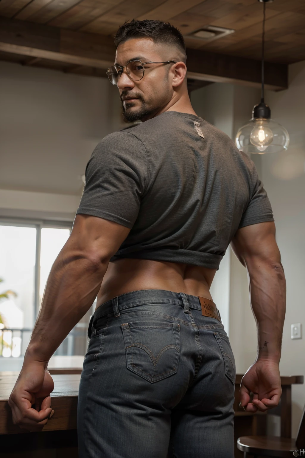 hombre musculoso salvaje, (40 year old daddy:1.1), 1 chico, Solo, (vistiendo una camisa a cuadros roja afuera), (camiseta gris por dentro), (hombros grandes), musculatura, rastrojos, barba corta, ojos bonitos:1.3, ), (cara detallada:1.3), Usando lentes, smiles, dynamic angle, volumetric lighting, (mejor calidad, A high resolution, fotorrealista), cinematic lighting, Obra maestra, foto cruda, detalles intrincados, hdr, cuerpo completo, Big muscular body, Big Bubble butt, jeans backside